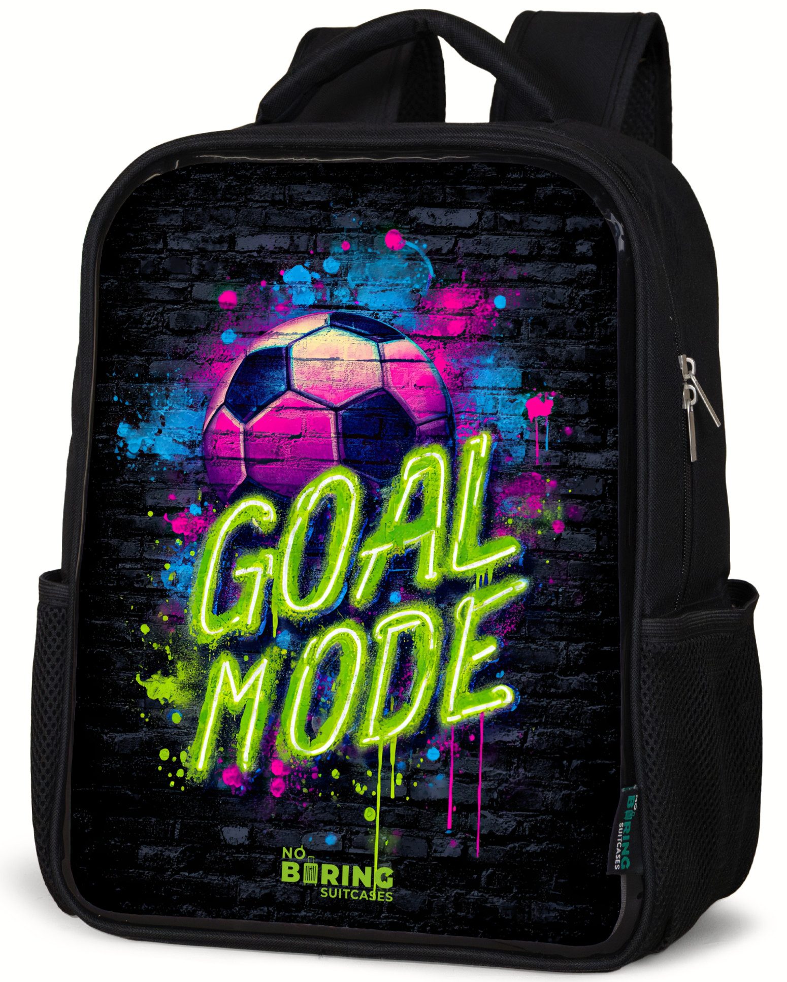 NoBoringSuitcases.com© Rucksack Neon - Graffiti - Fußball - Farbenfroh, Kinderrucksack Schwarz, Schulrucksack, Freizeitrucksack Jungen Mädchen