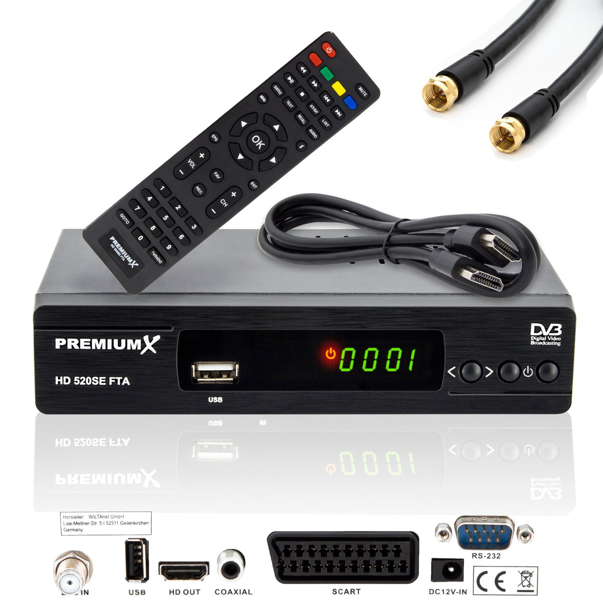 PremiumX HD 520SE-B FTA Digital SAT Receiver DVB-S2 HDMI SCART Antennenkabel SAT-Receiver