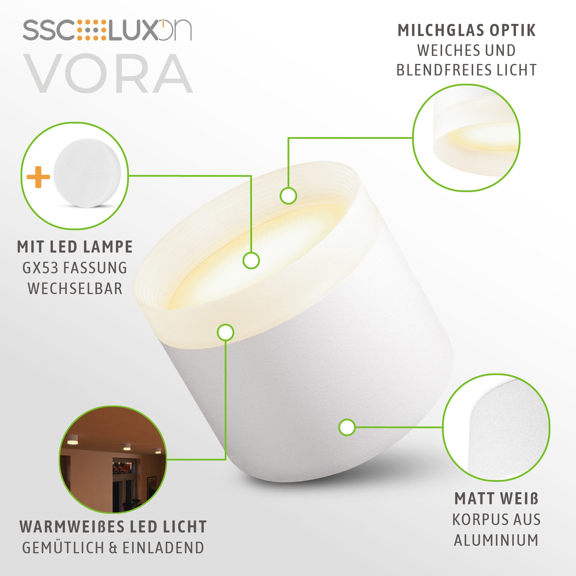 SSC-LUXon LED Aufbaustrahler VORA LED Aufbaulampe rund weiß mit LED GX53 dimmbar warmweiß, Warmweiß