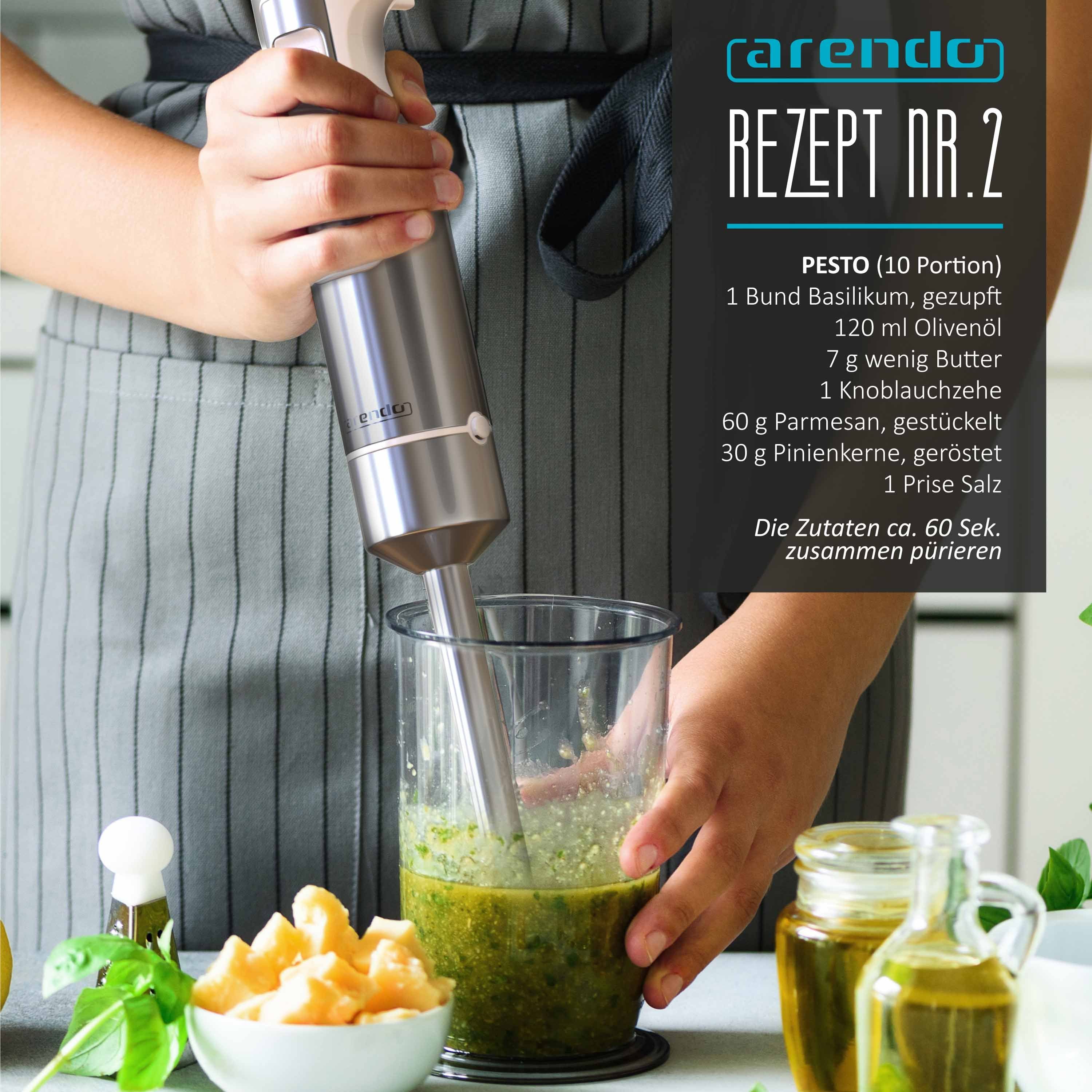 Arendo Stabmixer Edelstahl Pürierstab, Handmixer, stufenlose Regelung, weiß, 1000 W, Turbotaste, Abnehmbarer Mixfuß, GS-Zertifiziert