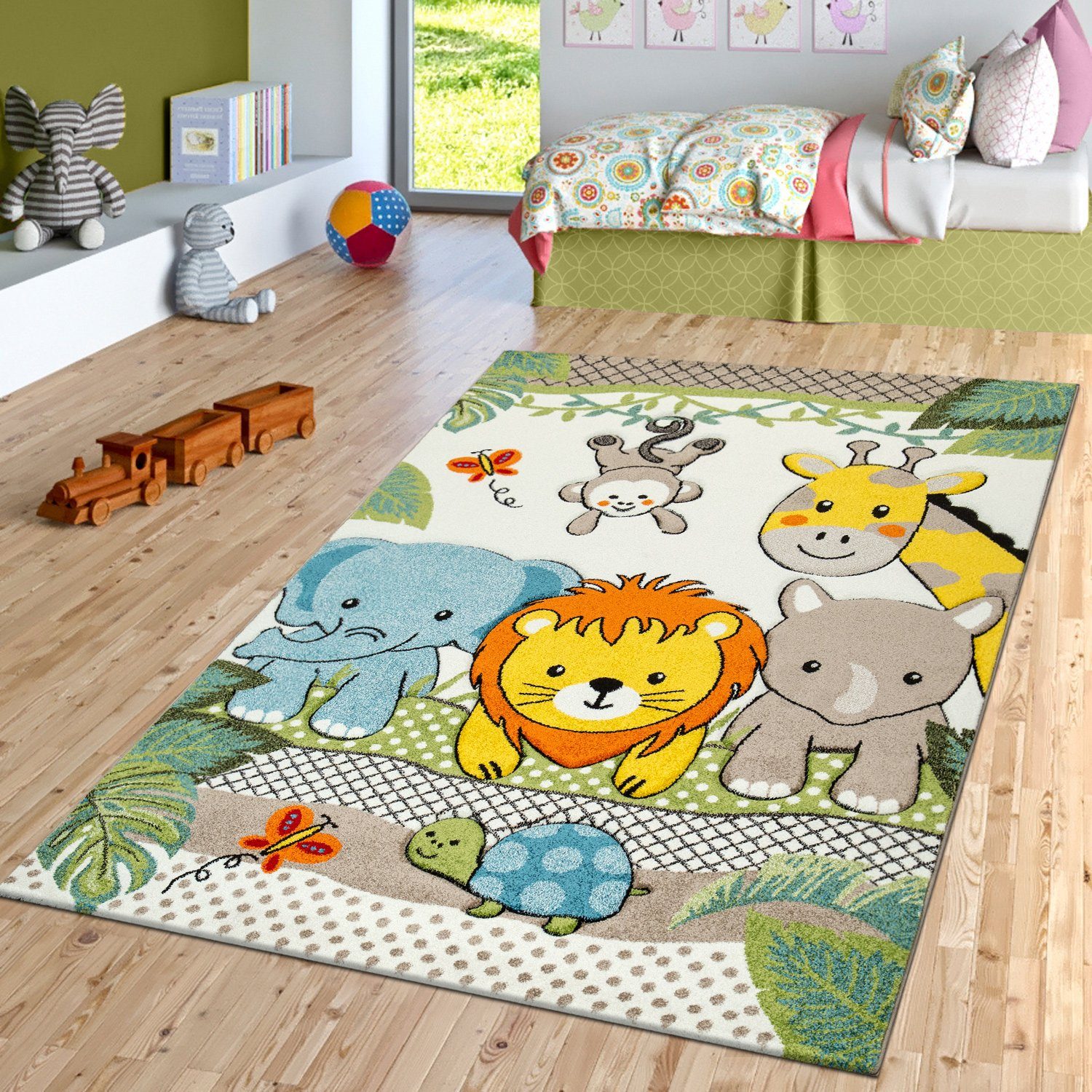 Kinderteppich »Kinderzimmer Kurzflor Teppich Motiv Afrika Tiere  Konturenschnitt Grün Modern«, TT Home, eckig, Höhe: 16 mm