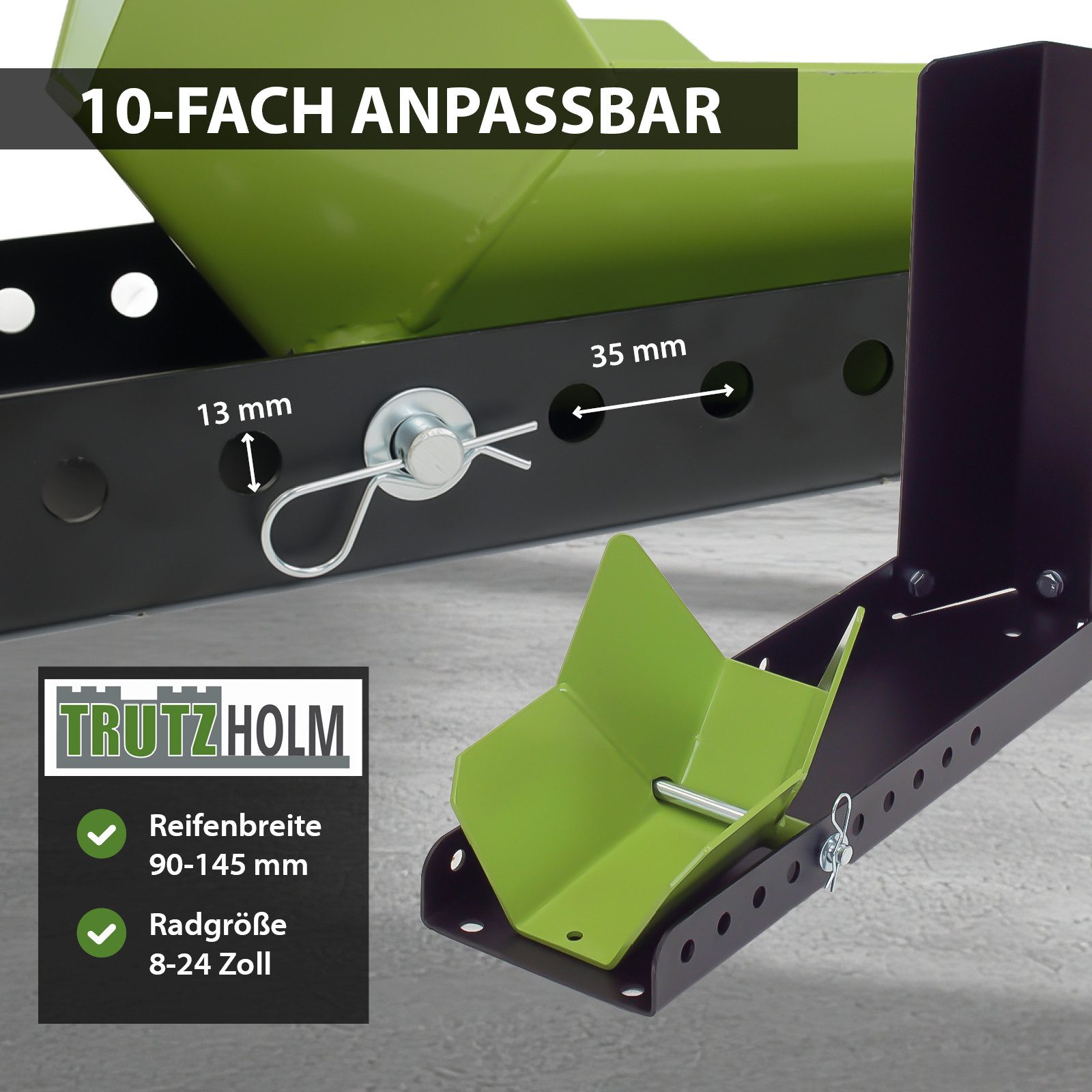 TRUTZHOLM Motorrad-Hauptständer Motorradwippe Stahl Radgröße 8-24 Zoll Reifenbreite bis 145 mm, (Artikel, 1-St), 10-fach verstellbar – Bild 4 von 5