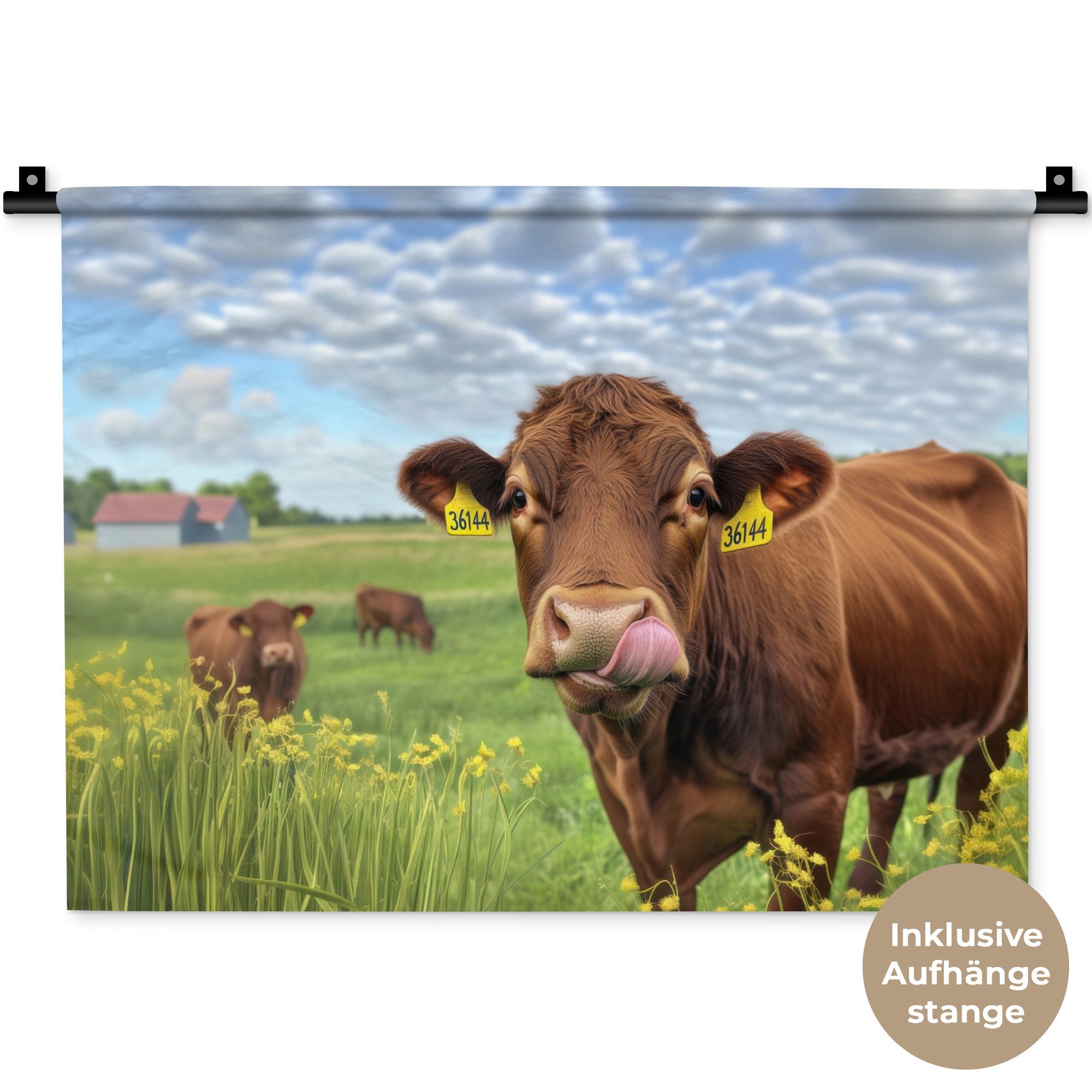 MuchoWow Wandteppich Kuh - Wiese - Blumen, Rechteckig, Höhe: 3 mm, Wanddeko Teppich Wohnzimmer, Schlafzimmer, 60x45 cm