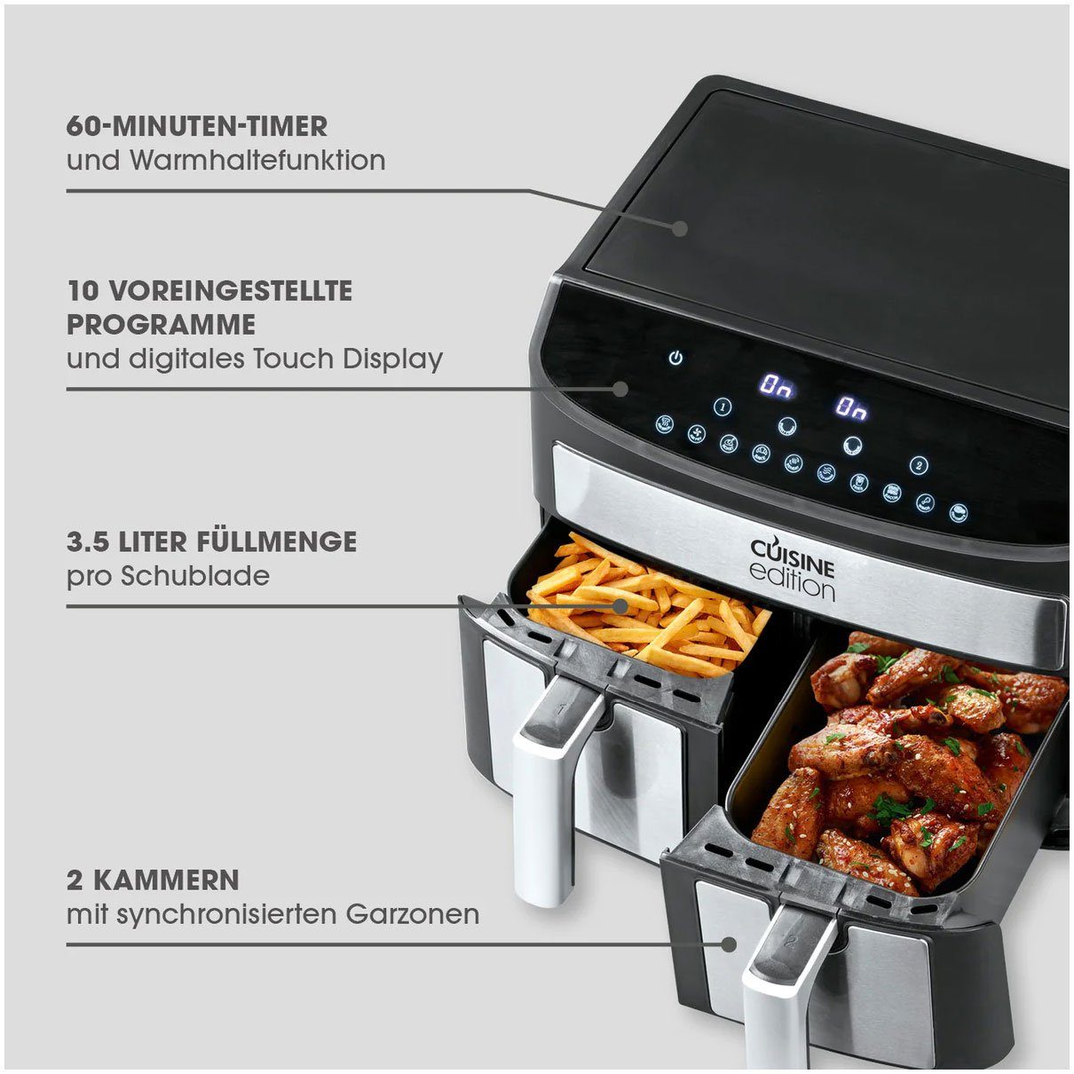 Cuisine getrennt regelbar, 40-230°C Edition 12617, 2x Timer, Heißluftfritteuse W, 3,5 Liter LED-Touch-Display, 2400