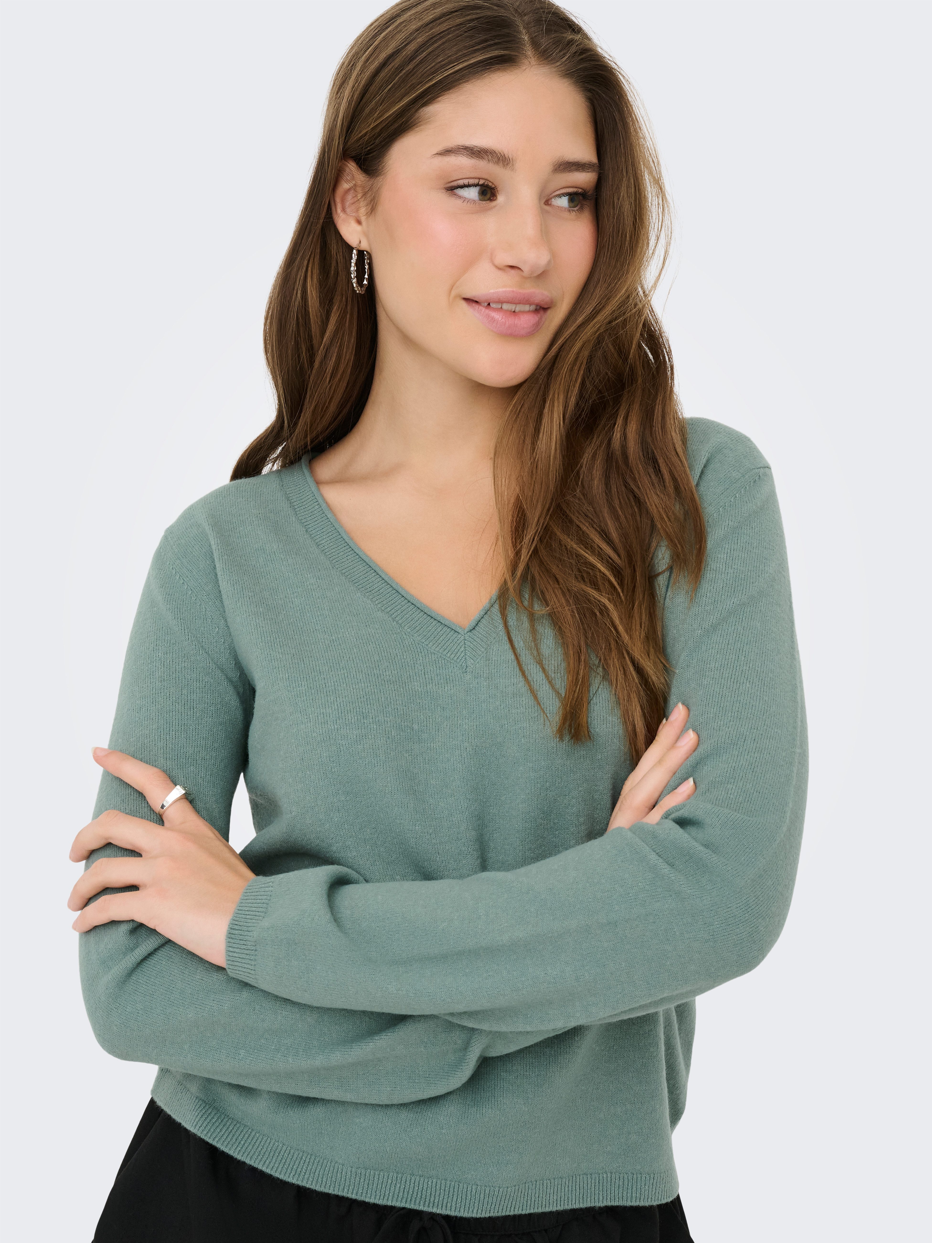 ONLY V-Ausschnitt-Pullover ONLLOYAL LIFE LS V-NECK PULLO KNT NOOS Materialmix