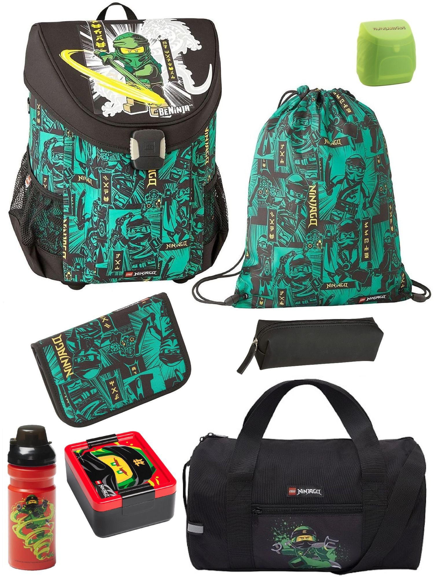 LEGO® Bags Schulranzen Lego Ninjago Schultasche Easy Green ab der 1. Klasse (Set, 8-tlg., inkl. Ninjago Brotdose, Trinkflasche und Sporttasche), ergonomisch, 790 Gramm leicht, mit Brustgurt, Ninja Lloyd