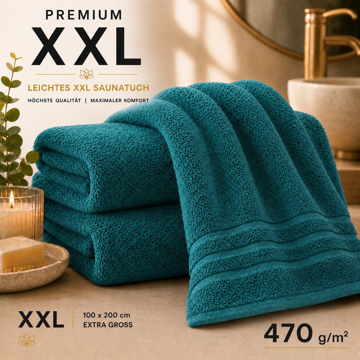 Komfortec Saunatuch 100x200 Extra Große XXL Premium Saunatuch, Unifarben (1-St), extra Große XXL, Schnelltrocknend, Frottee, Weich, Baumwolle – Bild 2 von 5