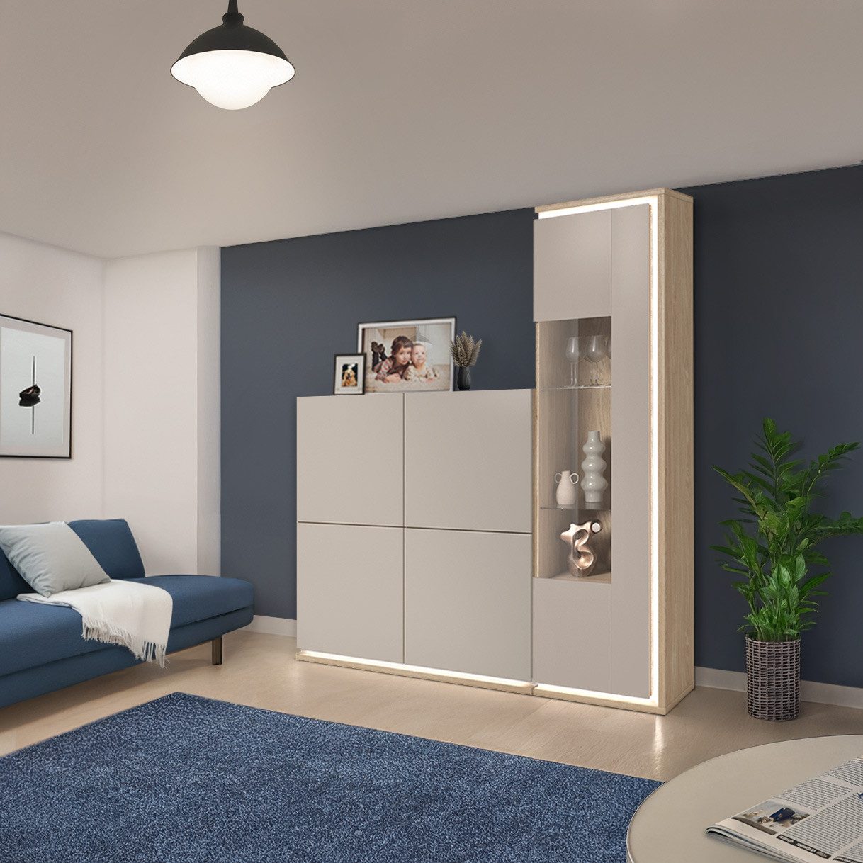 Lomadox Wohnzimmer-Set DRACHTEN-83, (Mega-Spar-Set, 2-St., Highboard Vitrine), Wohnmöbel Eiche kaschmir Modern