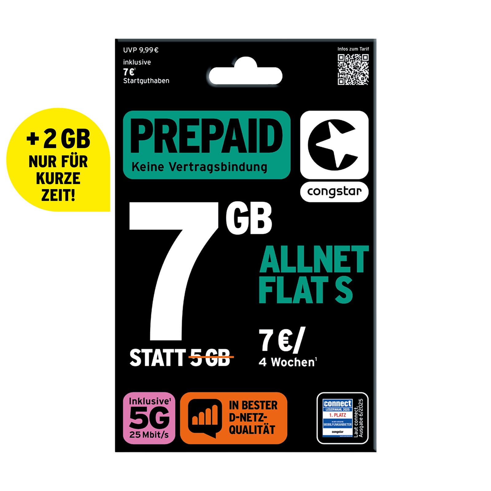 Congstar Prepaid Allnet S SIM-Karte ohne Vertrag 5G mit 25 Mbit/s Prepaidkarte, (EU-Roaming inkl. CH, 7 € Startguthaben)