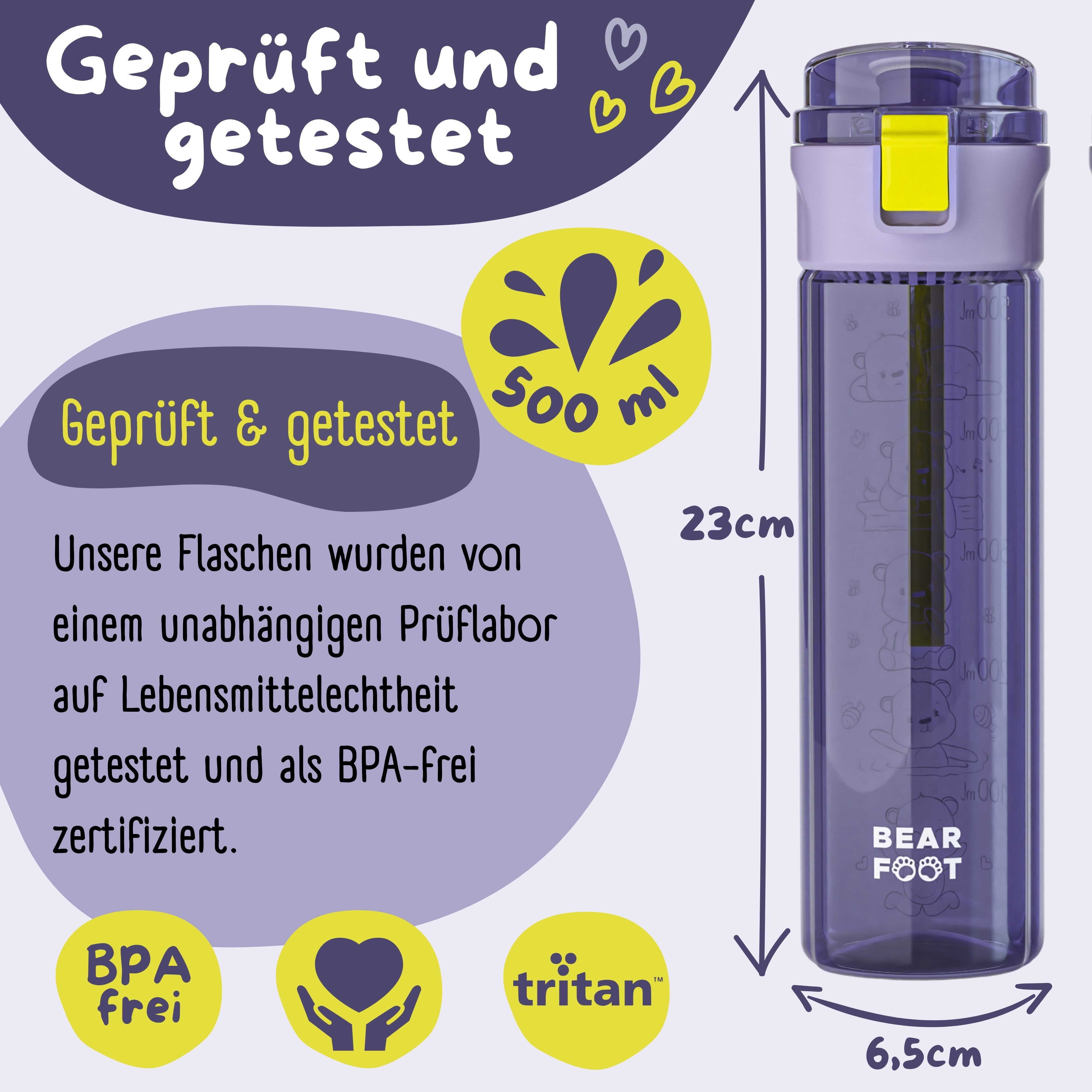 BEARFOOT Trinkflasche Trinkflasche Kinder, leichte Wasserflasche - Logo lila