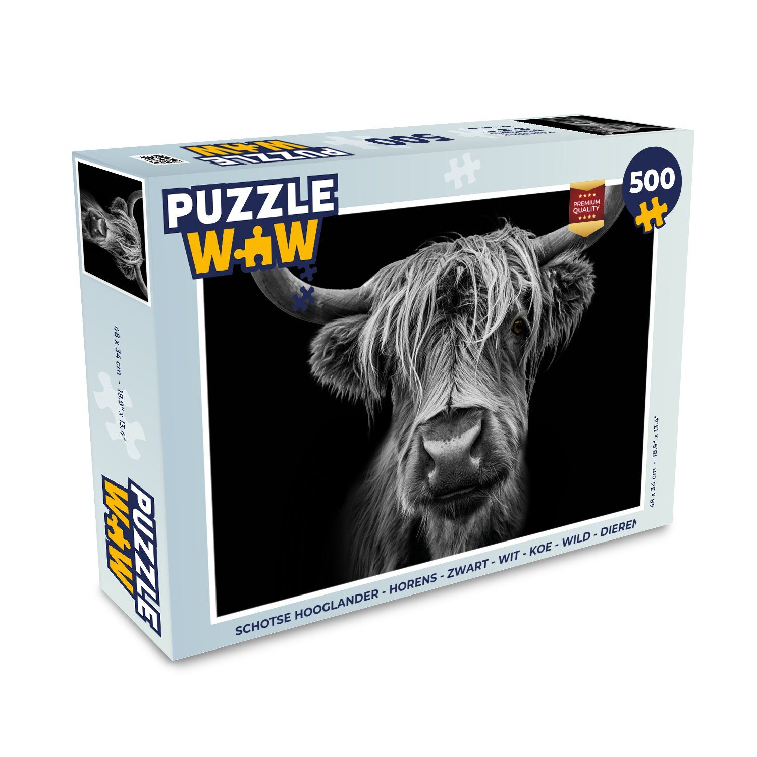 MuchoWow Puzzle Schottischer Highlander - Hörner - Schwarz - Weiß - Kuh - Wild - Tiere, 500 Puzzleteile, Foto-Puzzle, Bilderrätsel, Puzzlespiele, Spielzeug