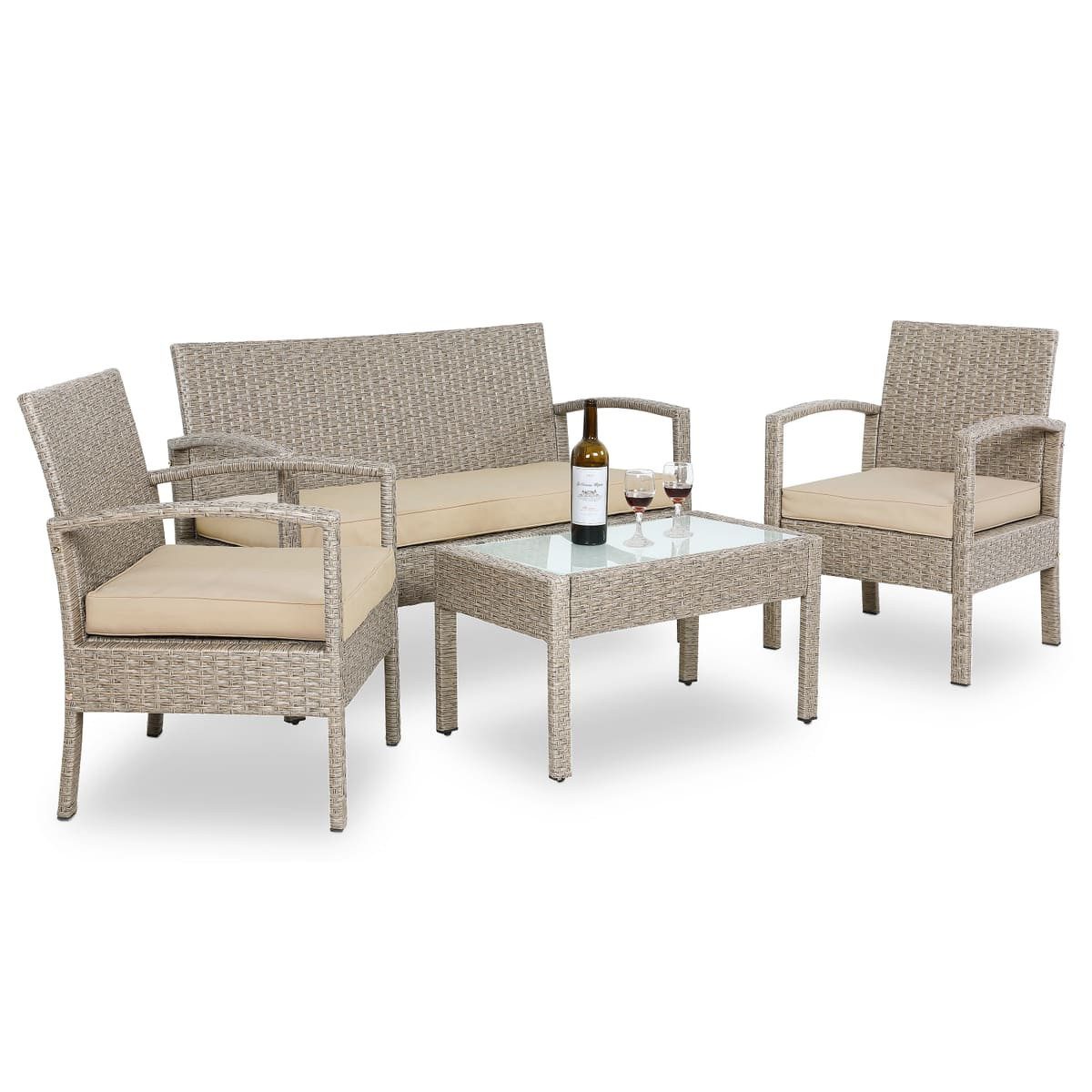 Casaria Balkonset, 4 Personen Wetterfest 7 teilig Polyrattan 2x Sessel Gartenbank Tisch