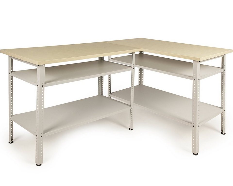 ONDIS24 Werkstatt-Set Ecklösung Werkbank Nobbi Pro Packtisch aus Metall,  höhenverstellbare Einlegeböden, Justierfüße, Werktisch für Sparfüchse