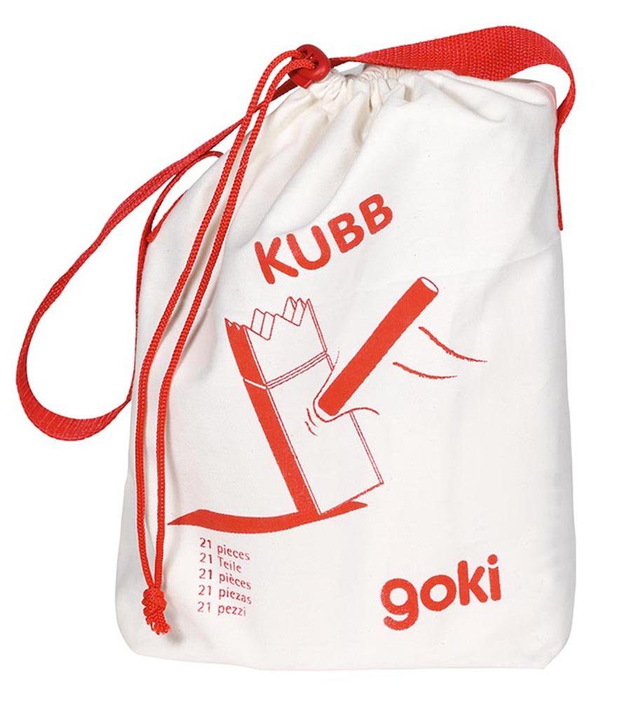 goki Spiel Kubb – Wikingerspiel aus Holz in kleiner Größe mit Baumwollbeutel, Wurfspiel, im Baumwollbeutel