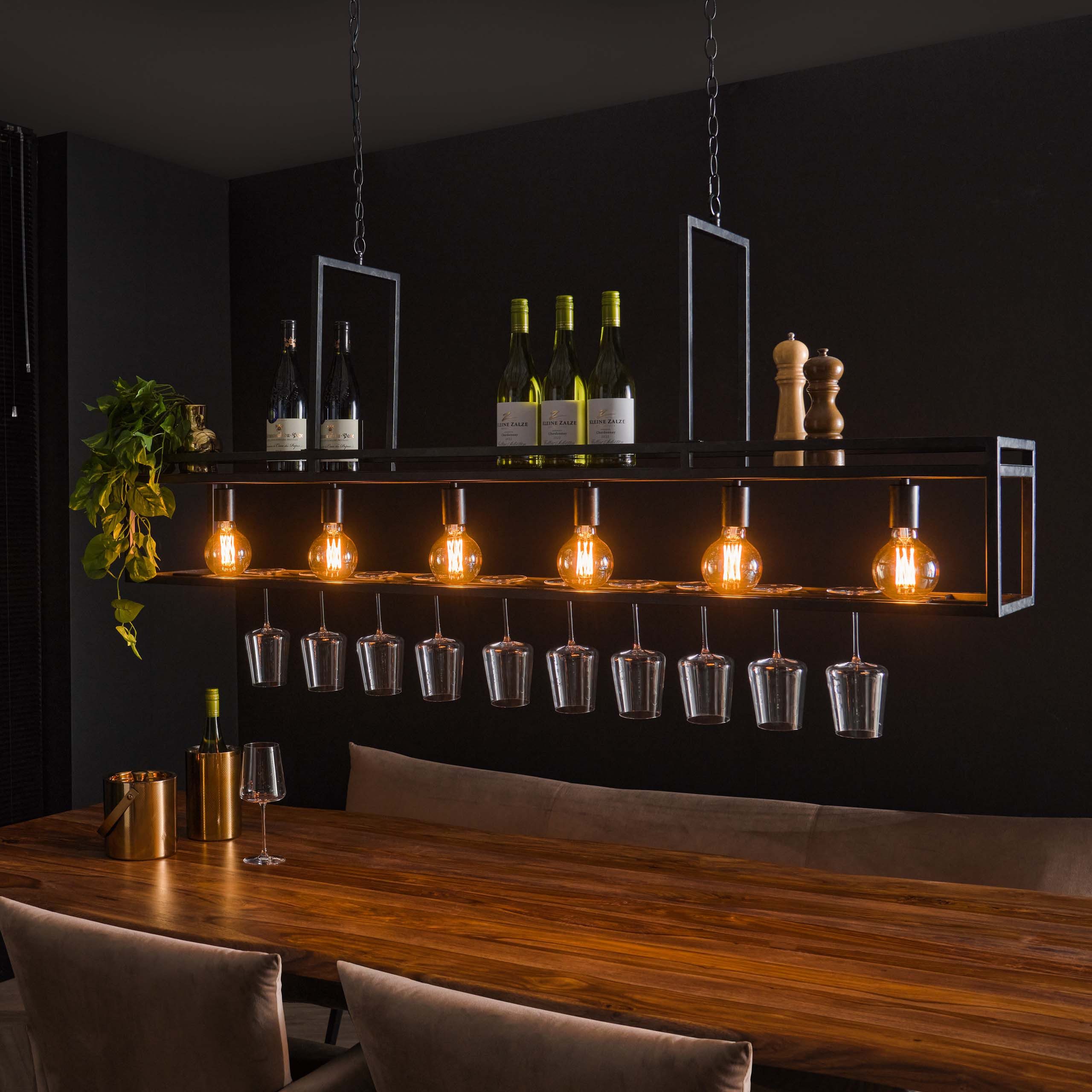 leven! Annekathrin Storkebaum Pendelleuchte Pendellampe Hängelampe URBAN mit 6 Flammen aus Metall Breite 160 cm, integriertes Regal für Weingläser, Flaschen und Deko