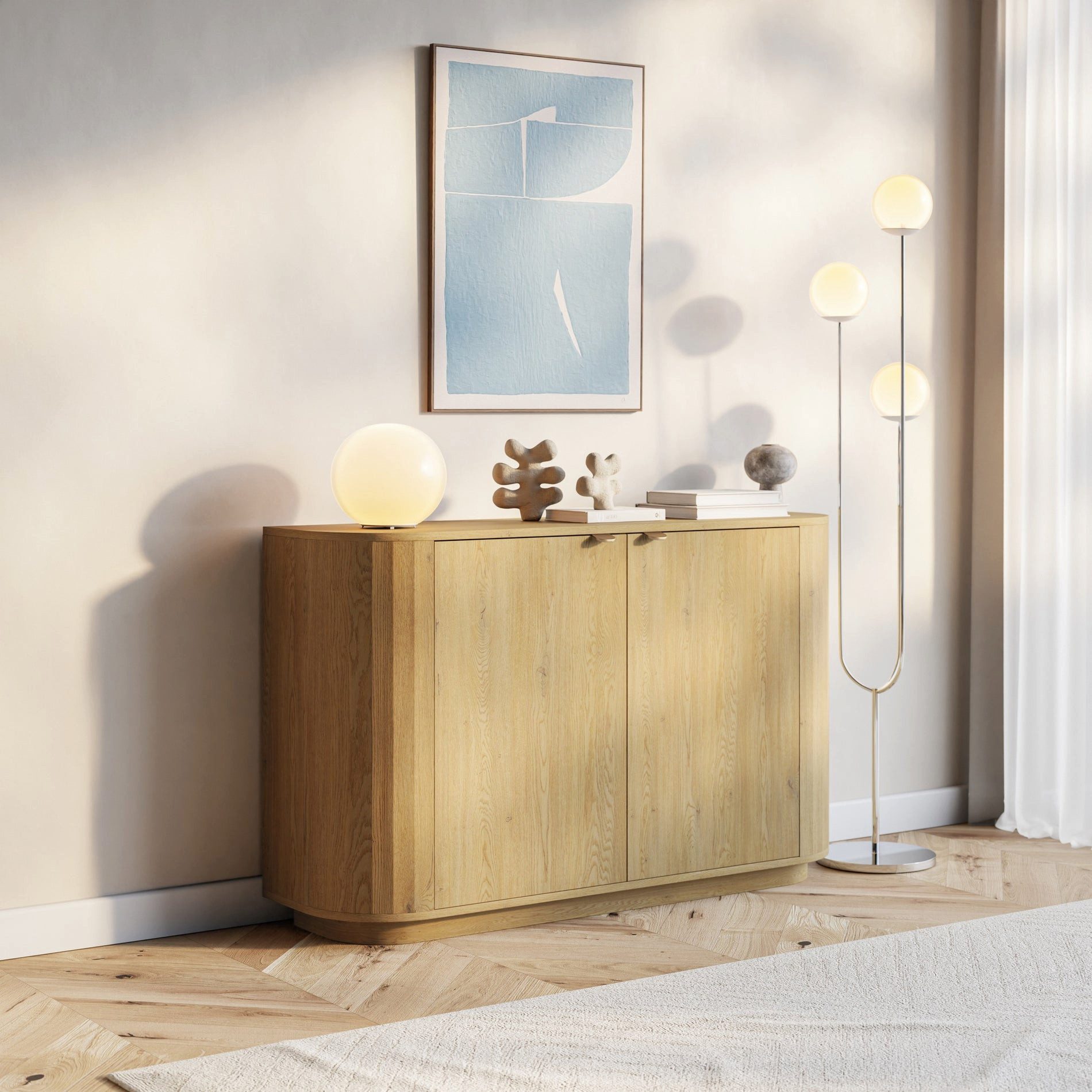 Selsey Sideboard CORU, Sideboard in Cremona Torro Eiche mit goldenen Griffen, 2 Türen