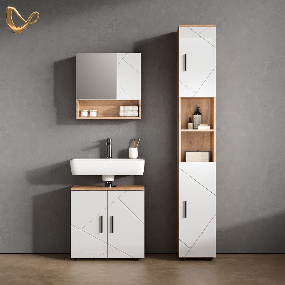 Livinity® Waschbeckenunterschrank Ronco, Weiß Hochglanz/Goldkraft Eiche/Gol günstig online kaufen