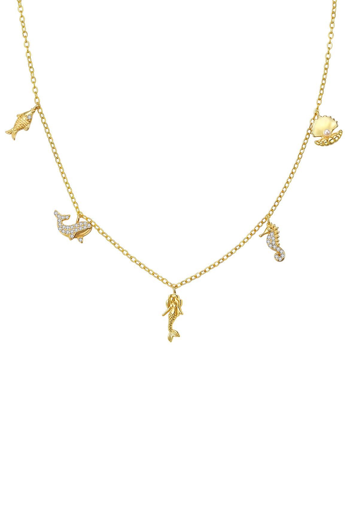 Hey Happiness Charm-Kette mit maritimen Anhängern, mit Zirkonia, Damen Silberkette aus 925 Silber vergoldet, Meer-Motiven