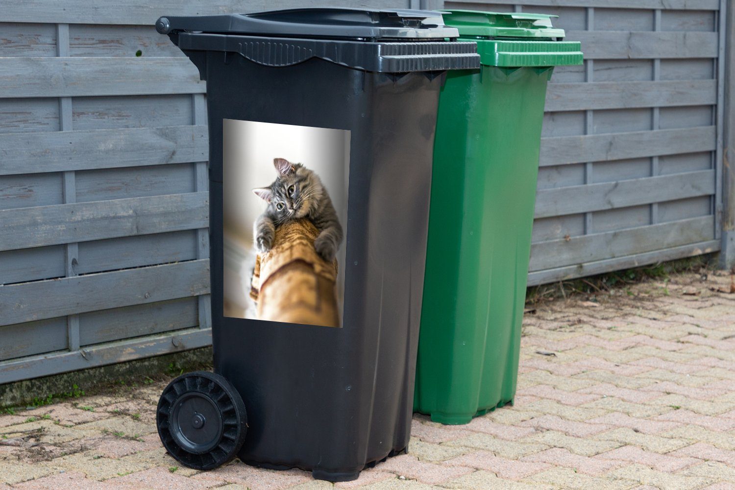 MuchoWow Grau Mülltonne, St), Sticker, (1 Wandsticker - - Kratzbaum Container, Katze Abfalbehälter Mülleimer-aufkleber,