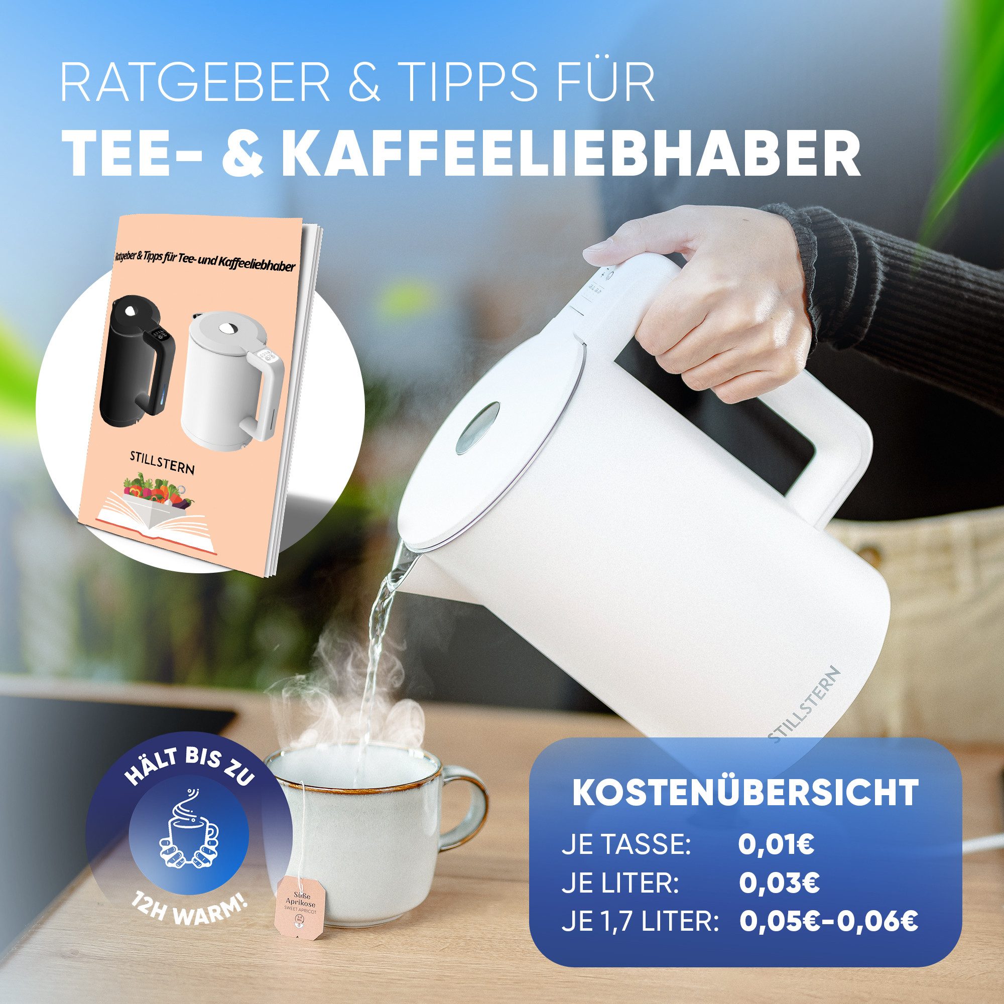 Stillstern Wasserkocher Wasserkocher 1,7L, Schnelles Aufkochen, mit Temperatureinstellung, 1.7 l, 2200 W, 2200W, 12 Std. Warmhaltefunktion, Leise