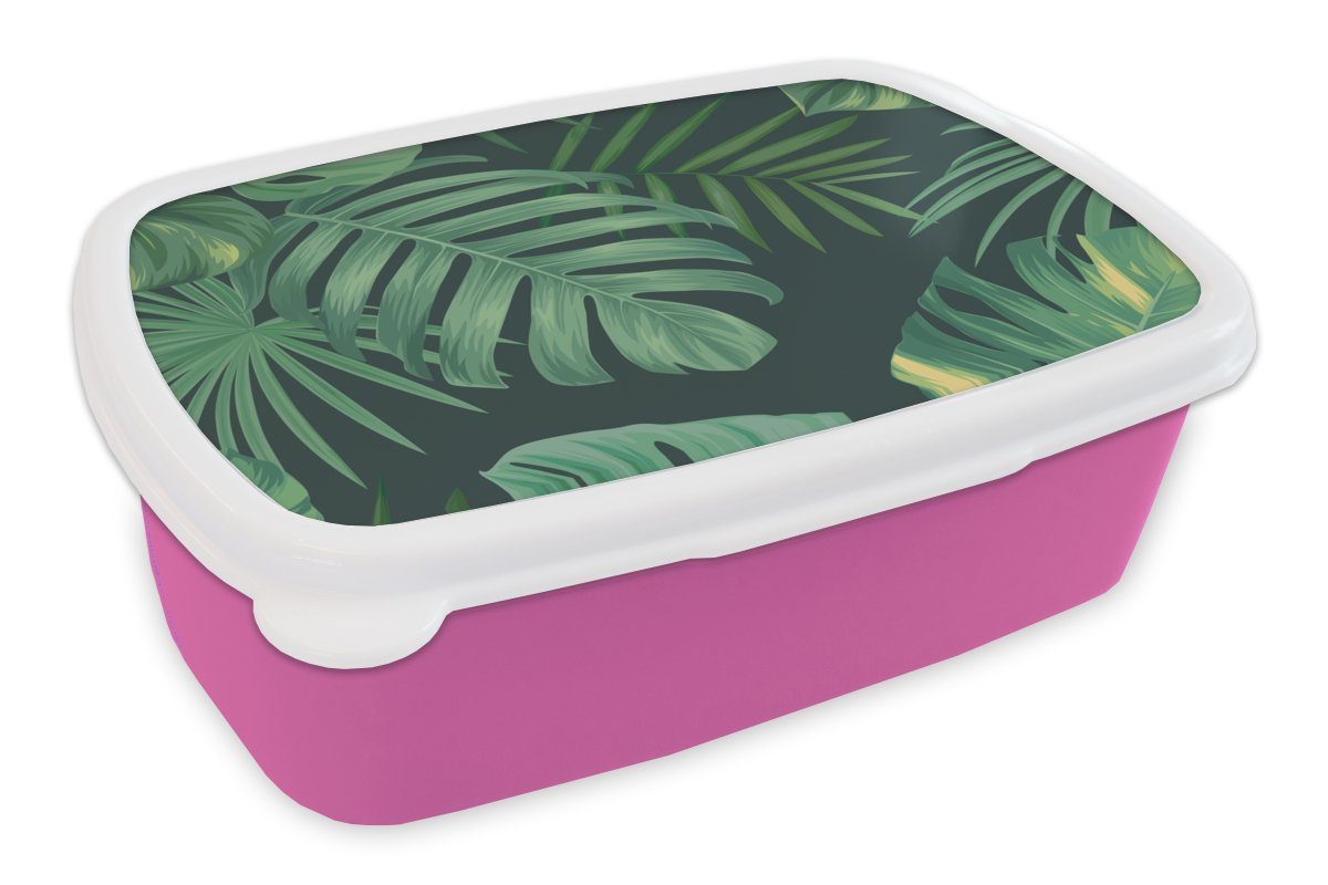 MuchoWow Lunchbox Dschungel - Muster - Tropische Pflanzen - Jungen - Mädchen - Kinder, Kunststoff, (2-tlg), Brotbox für Erwachsene, Brotdose Kinder, Snackbox, Mädchen, Kunststoff rosa | Lunchboxen