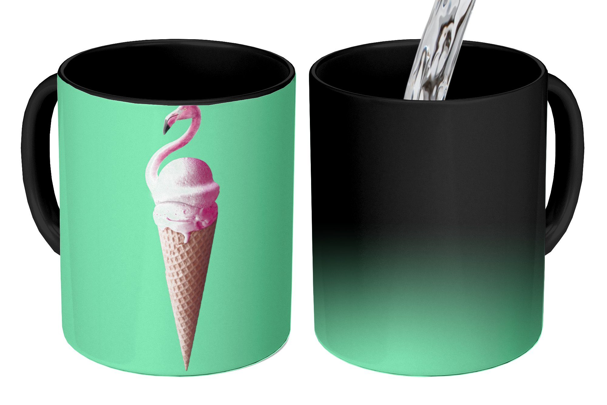 Flamingo Keramik, Eistüten Grün, Eiscreme Tasse - Teetasse, Farbwechsel, Kaffeetassen, - Zaubertasse, - - MuchoWow Rosa Geschenk