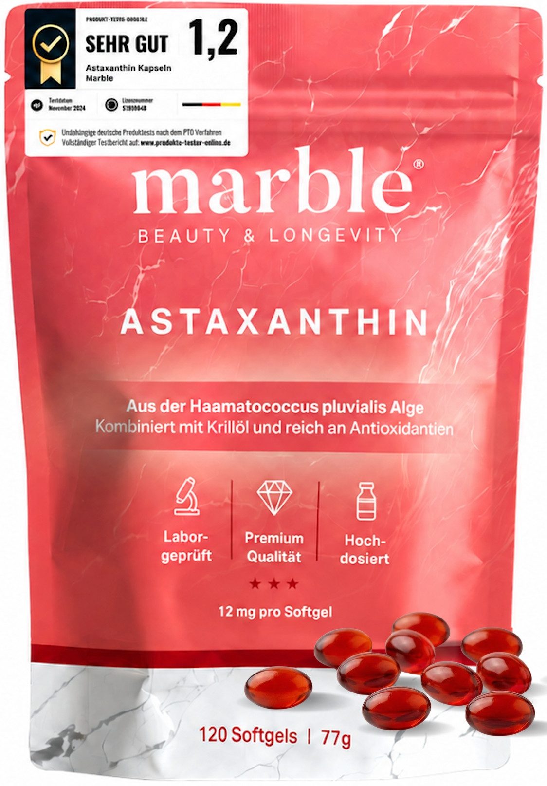 Marble Astaxanthin hochdosiert 12 mg 120 Softgels mit Krillöl - marble® Kapseln, 77 g