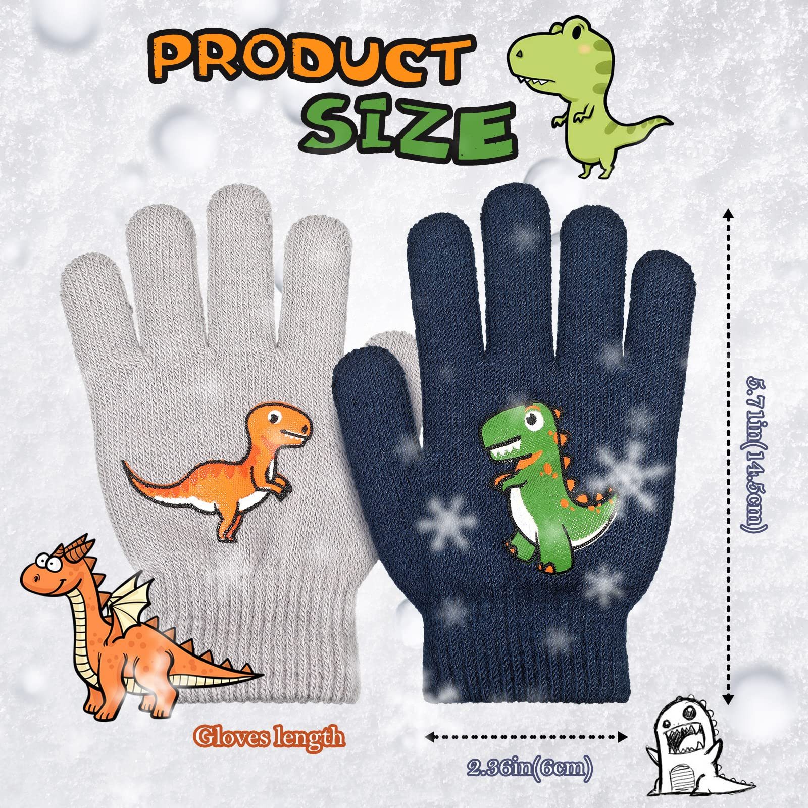 Cachito Strickhandschuhe 2 Paar Winterthermische Handschuhe Dinosaurier Kinderhandschuhe für Jungen Mädchen