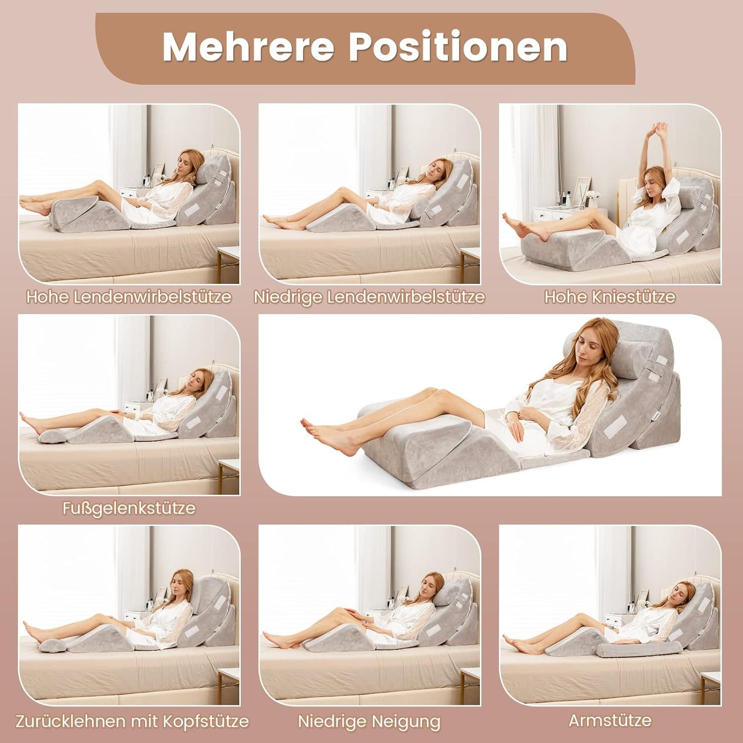 KOMFOTTEU Keilkissen Bettkissen, 6-tlg., ergonomischer Memory Schaum Füllung, Grau