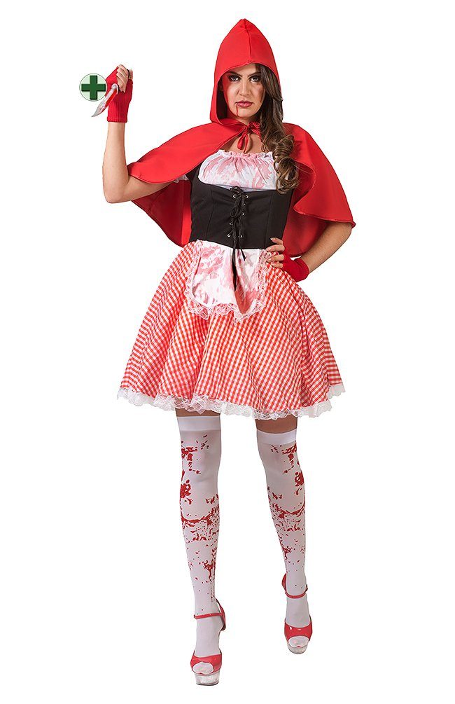 Karneval-Klamotten Zombie-Kostüm Rotkäppchen Damenkostüm mit blutiges Messer, Frauenkostüm Halloween, Klassisch rot-weiß, Kapuzenumhang und Messer