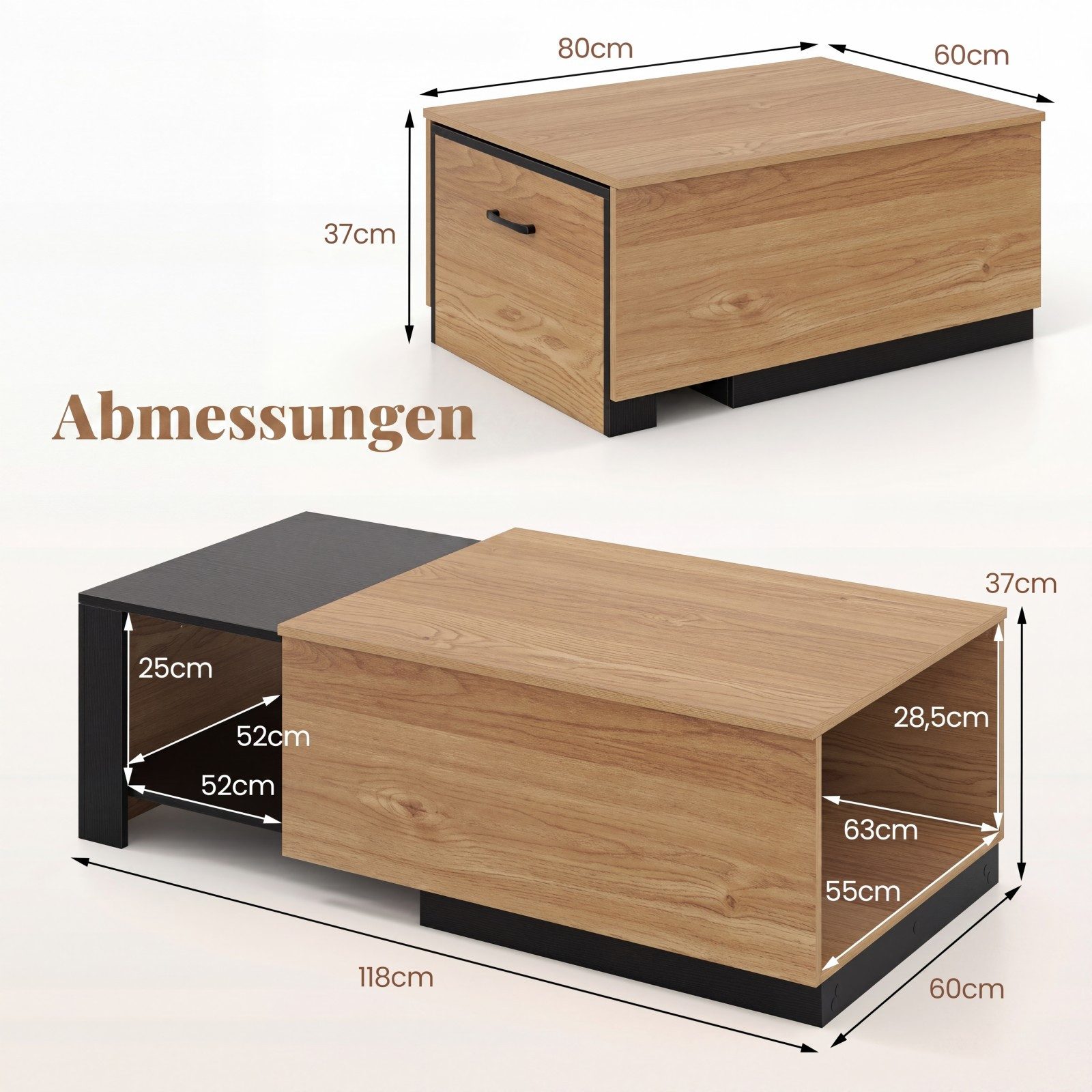 COSTWAY Couchtisch mit verstecktem Stauraum Sofatisch ausziehbar, Holz rechteckig – Bild 5 von 5