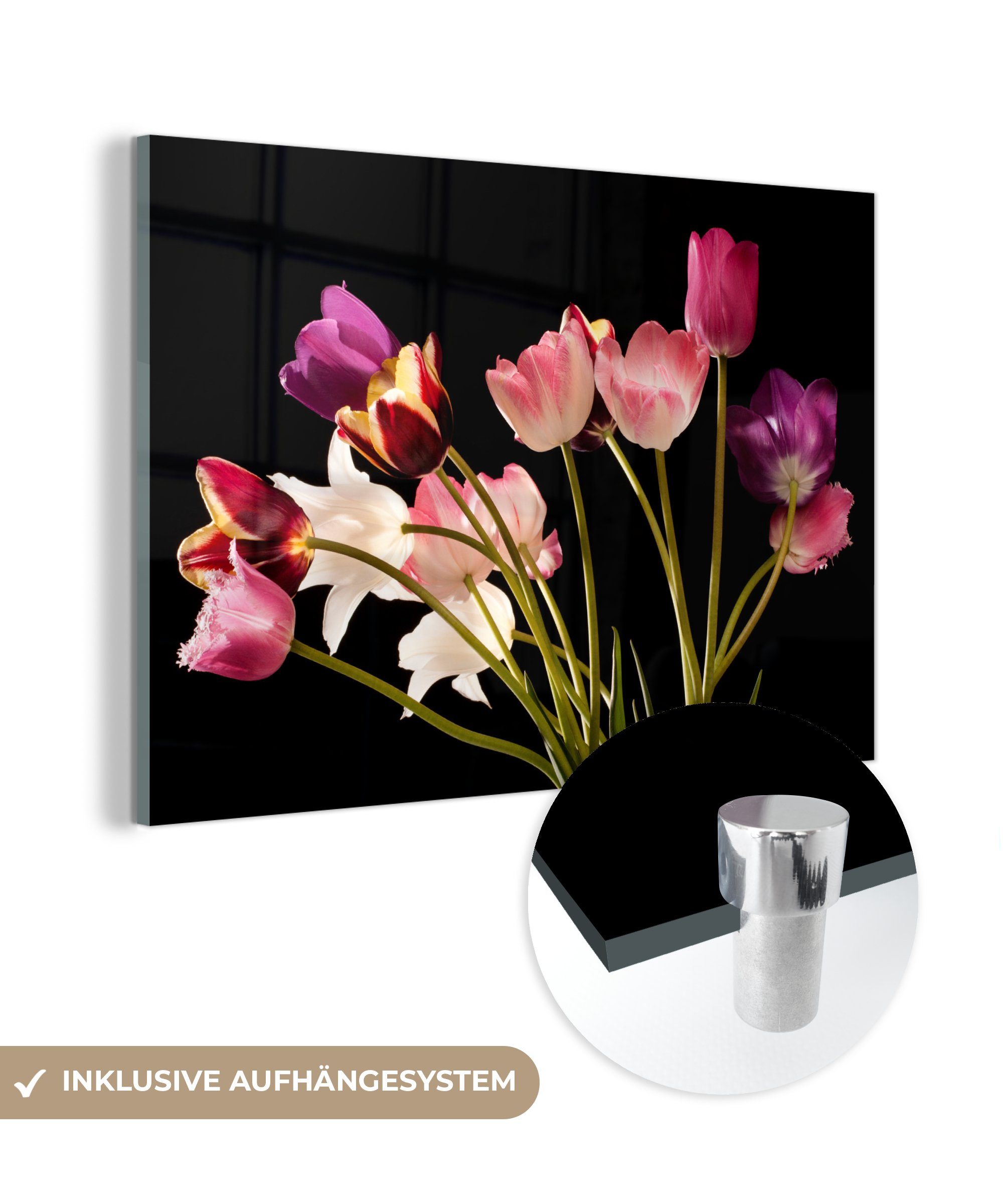 MuchoWow Acrylglasbild Stillleben - Tulpen - Farben, (1 St), Glasbilder - Bilder auf Glas Wandbild - Foto auf Glas - Wanddekoration
