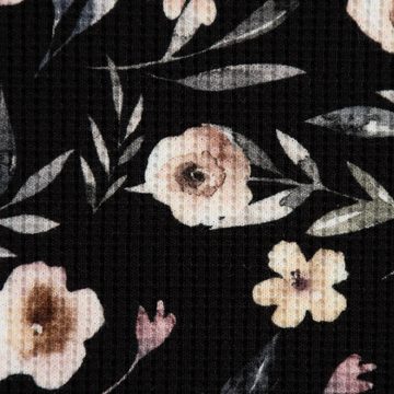 SCHÖNER LEBEN. Stoff Waffeljersey Waffelstrick Digitaldr. Aquarell Blumen schwarz beige gr, allergikergeeignet