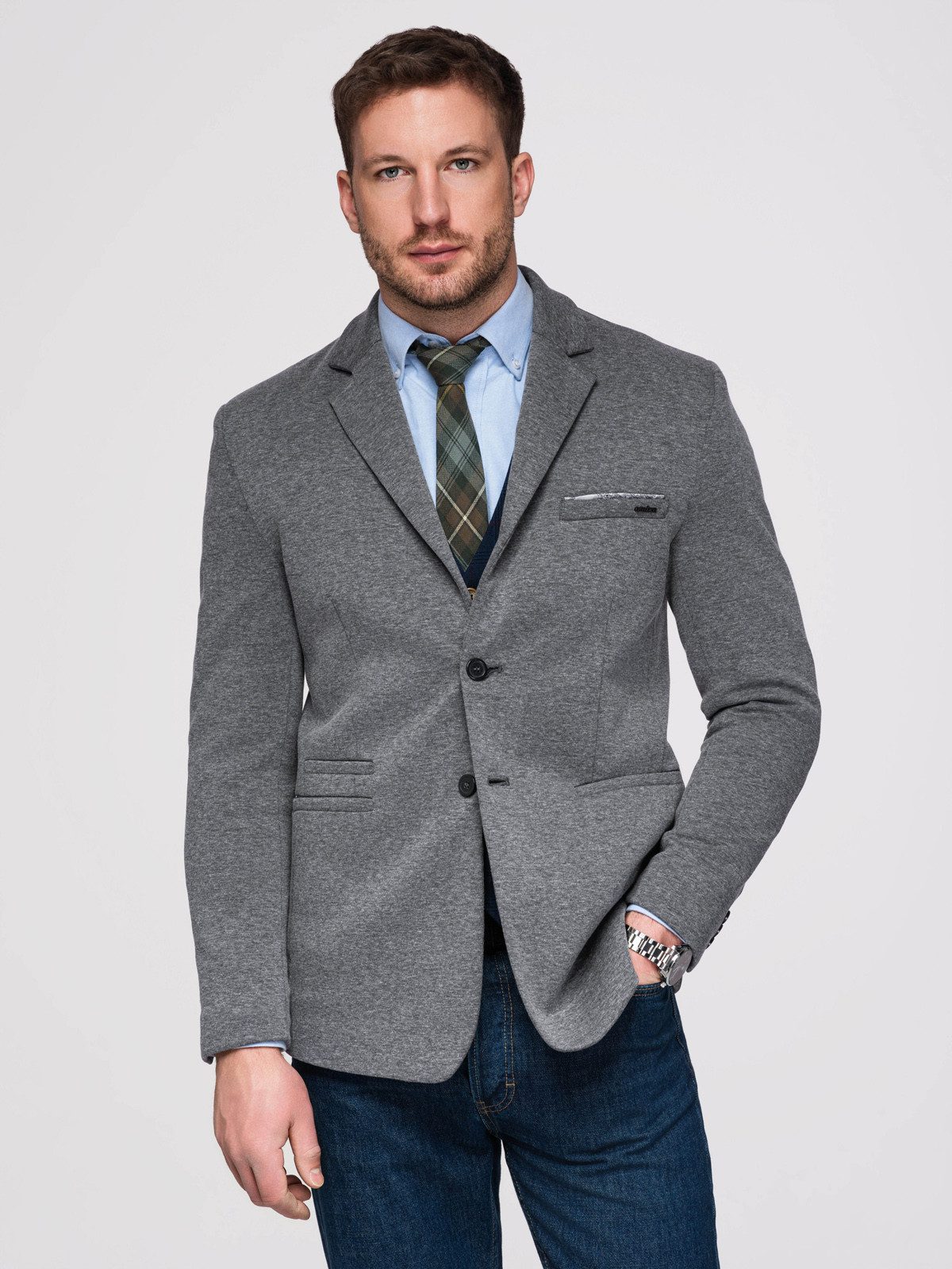 OMBRE Anzugsakko Herren Blazer Slim Fit Business Casual Dunkelgrau M (kein Set, 1-tlg) Slim Fit Passform