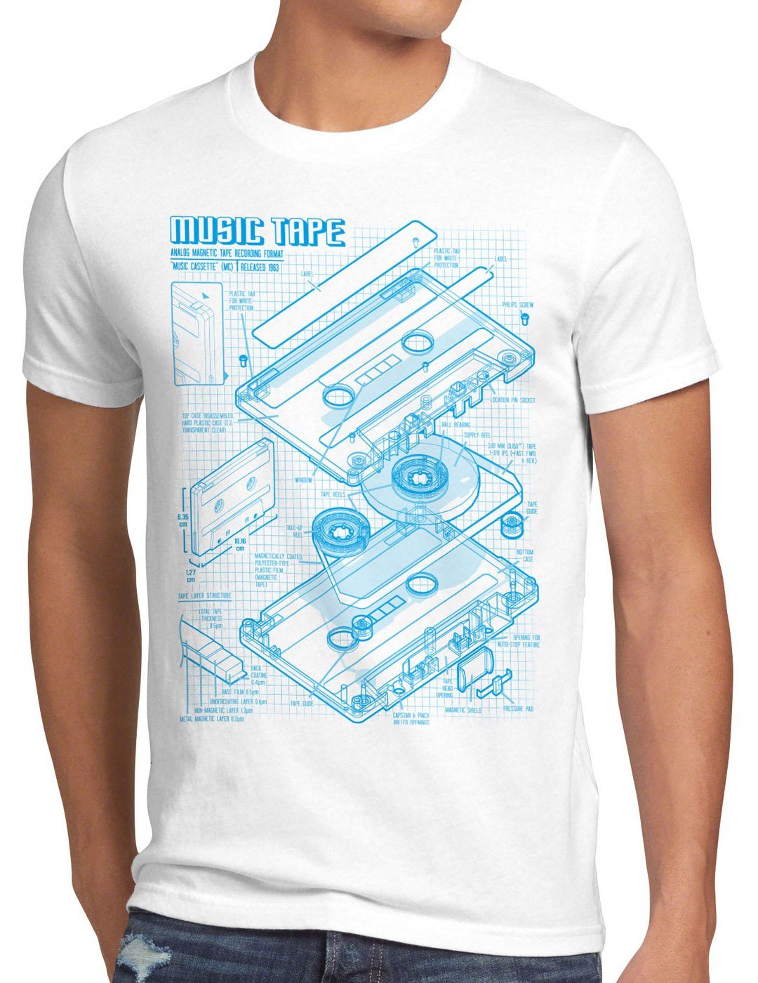 style3 Print-Shirt Herren T-Shirt TAPE Kassette disko MC DJ retro musik turntable ndw analog disco weiß