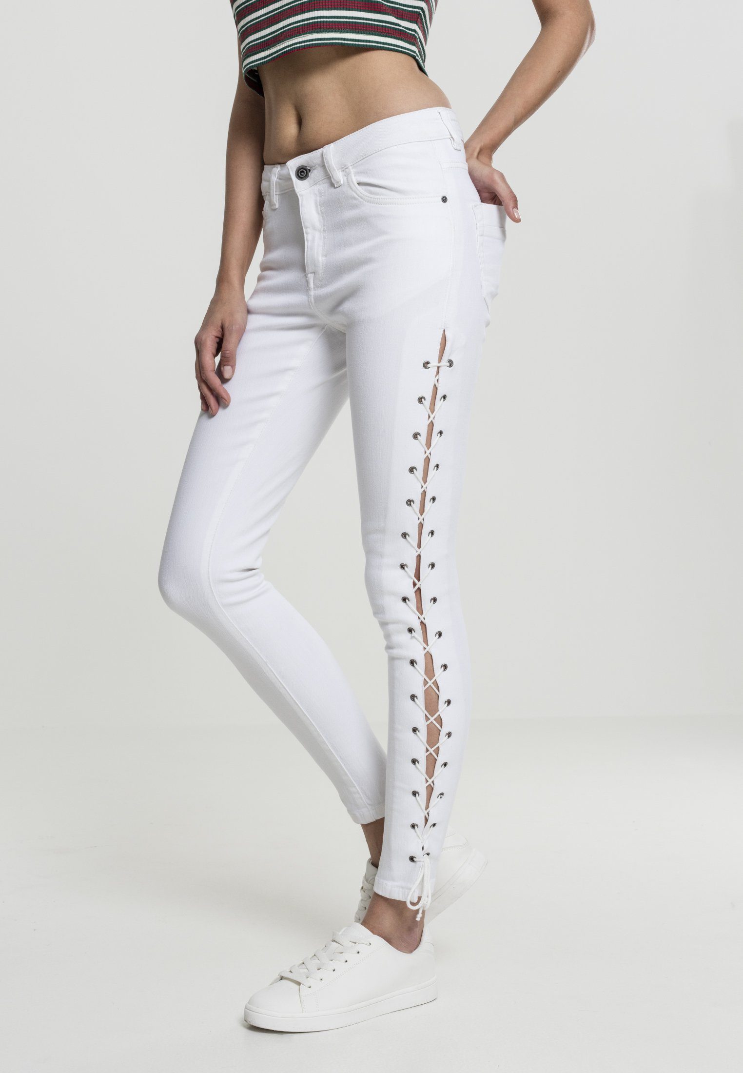 Produktliste URBAN CLASSICS Damen Jeans Lace Denim Bequeme (1-tlg) Pants Skinny Up white Ladies