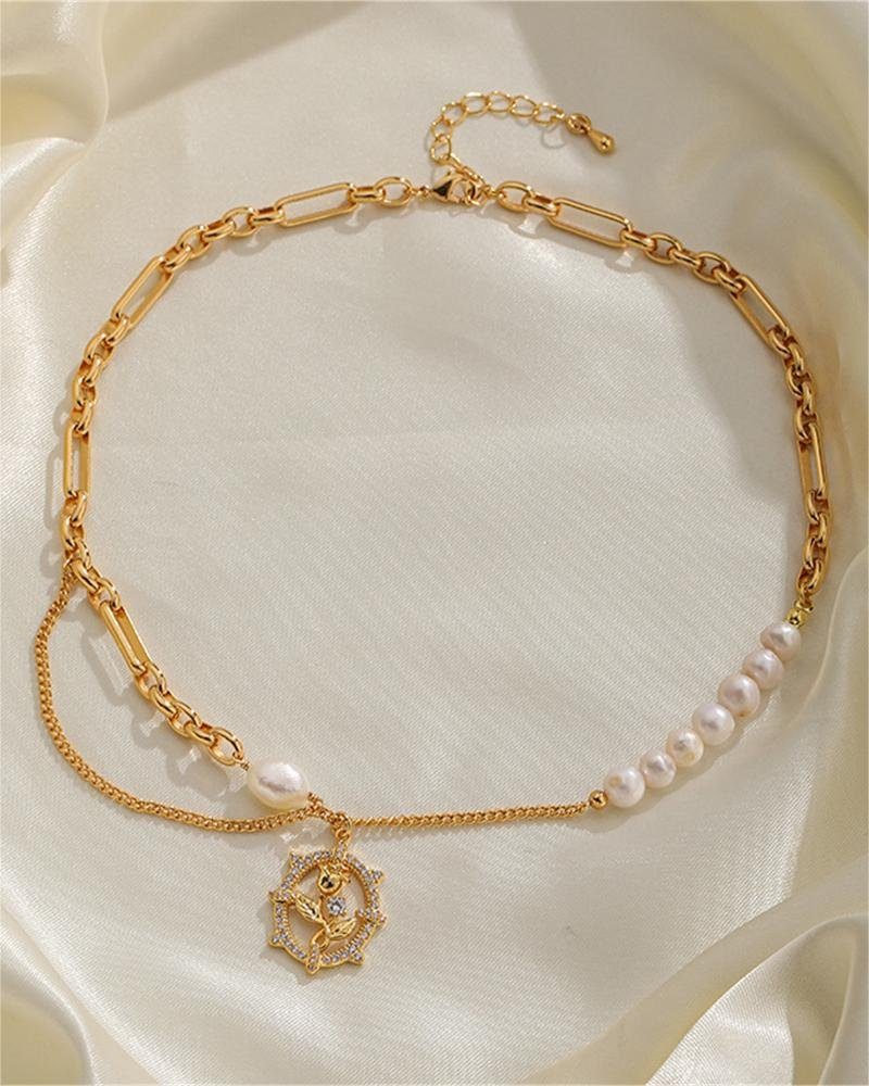 Pearl Rose Rouemi Halskette, Pearl Damen Anhänger Perlenkette Vintage Armband Goldfarben-B