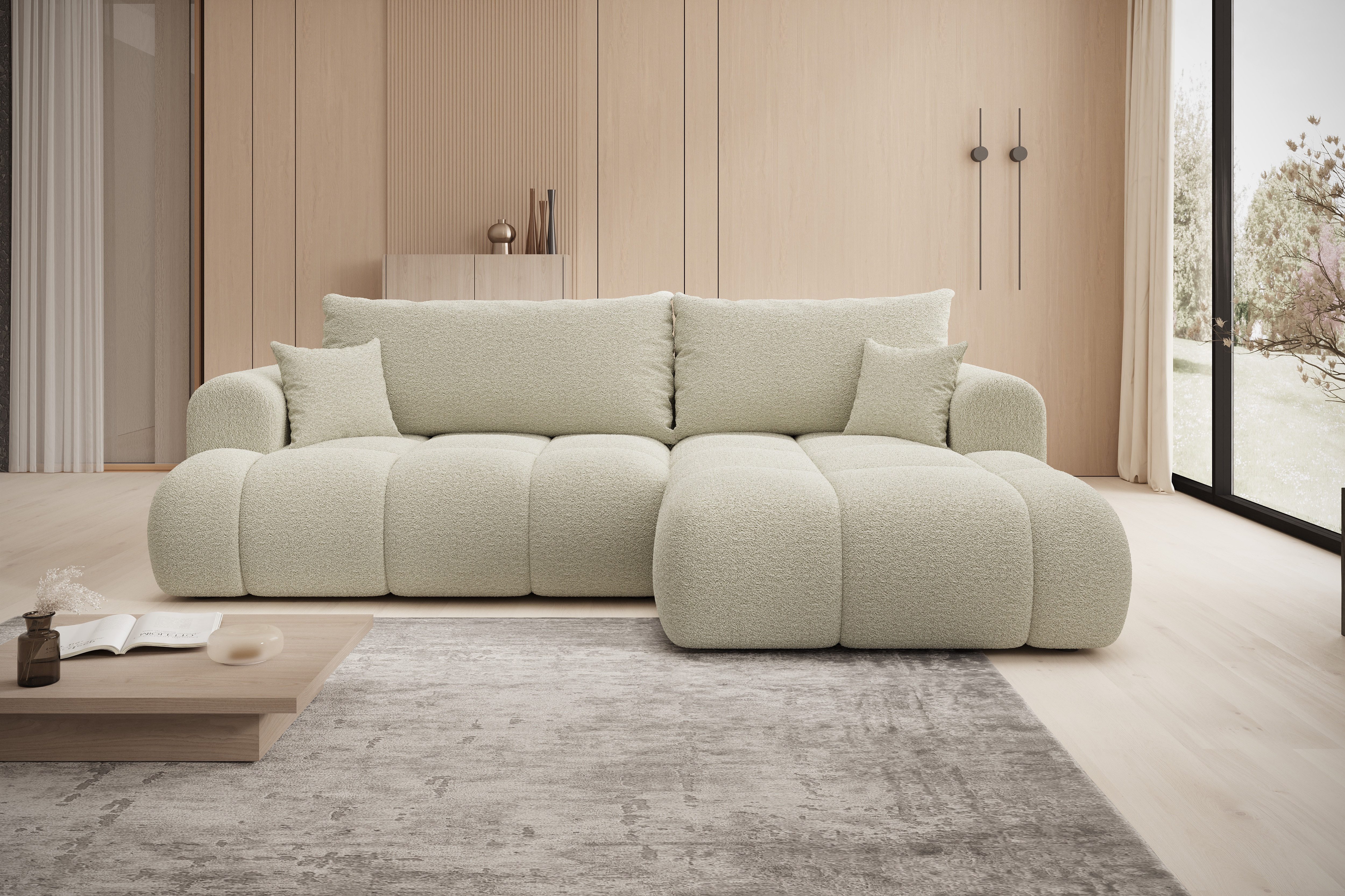 thematys Ecksofa TREVIO mit Schlaffunktion und Bettkasten, L-Form, Cord und Bouclé, 260 x 165cm - Luxus Couch mit Bettfunktion mit Bonnellfedern + 2 Kissen