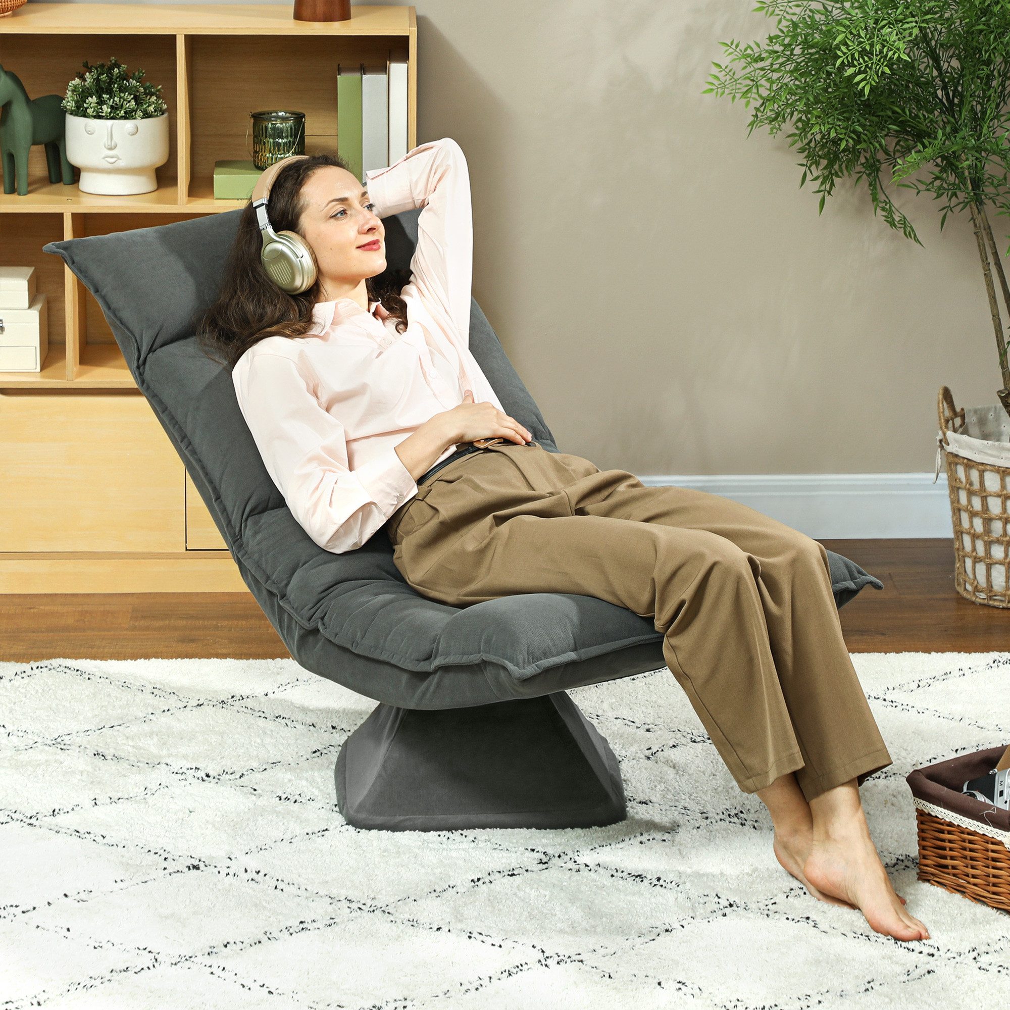 HOMCOM Bodenkissen Bodenstuhl 360° drehbar Bodensessel mit verstellbarer Rückenlehne, für Wohnzimmer Gaming & Lesen Dunkelgrau