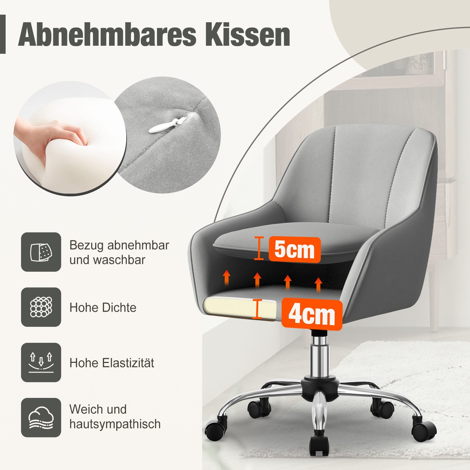 Adormii Bürostuhl Homeoffice Stuhl,Schminkstuhl mit Armlehnen,Drehstuhl mit Rrollen (Samt Stuhl,höhenverstellbar,für Schminktisch,Arbeitszimmer, Schlafzimmer,15 – Bild 3 von 5