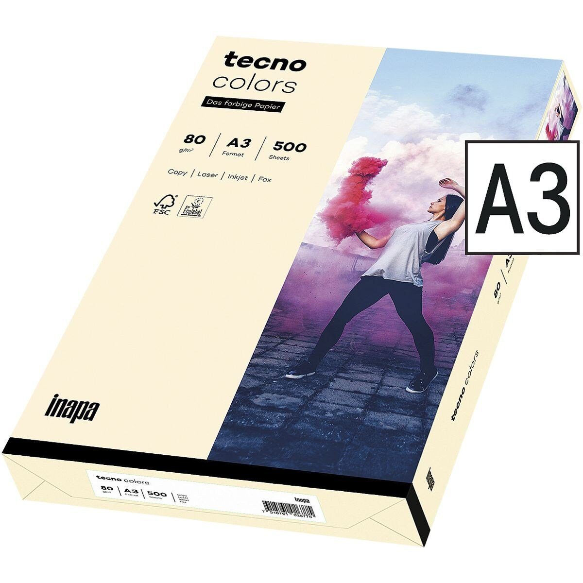 Inapa tecno Drucker- und Kopierpapier Rainbow / tecno Colors, Pastellfarben, Format DIN A3, 80 g/m², 500 Blatt hellchamois