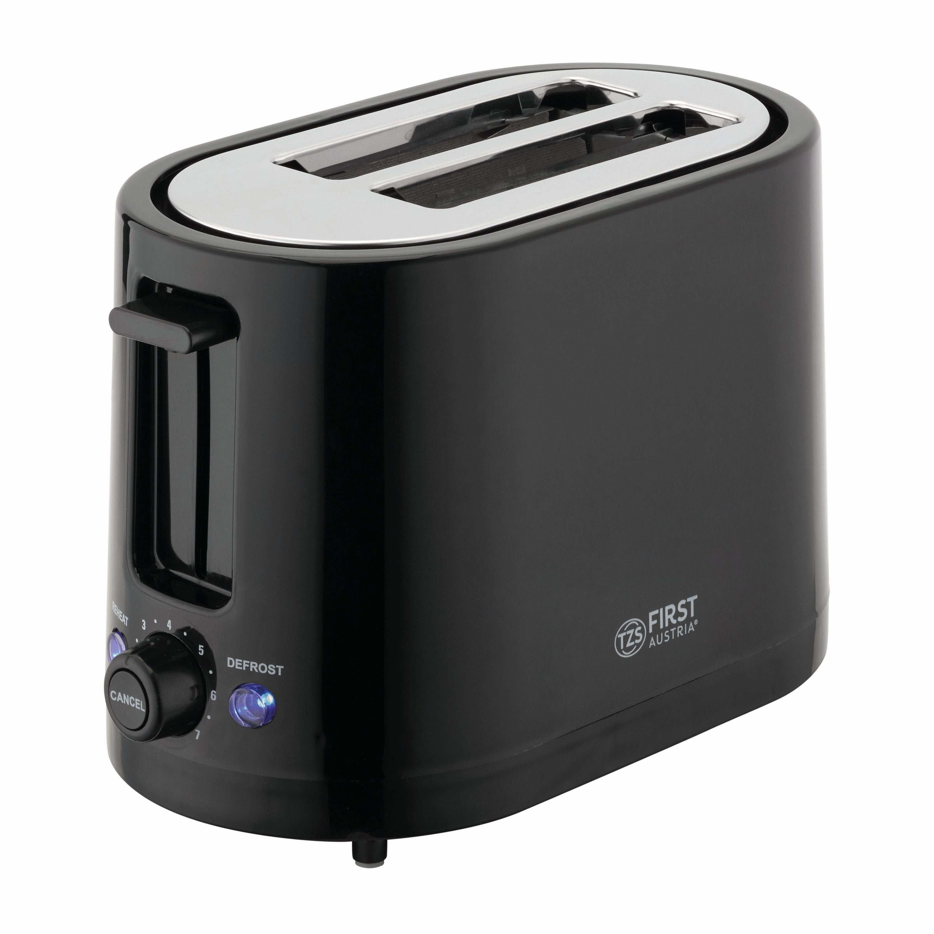 TZS FIRST AUSTRIA Toaster Kurzschlitz, 7 Stufen, Warmhalte- und Auftaufunktion Schwarz, für 2 Scheiben, 750 W, für 2 Scheiben, inkl. Krümelschale