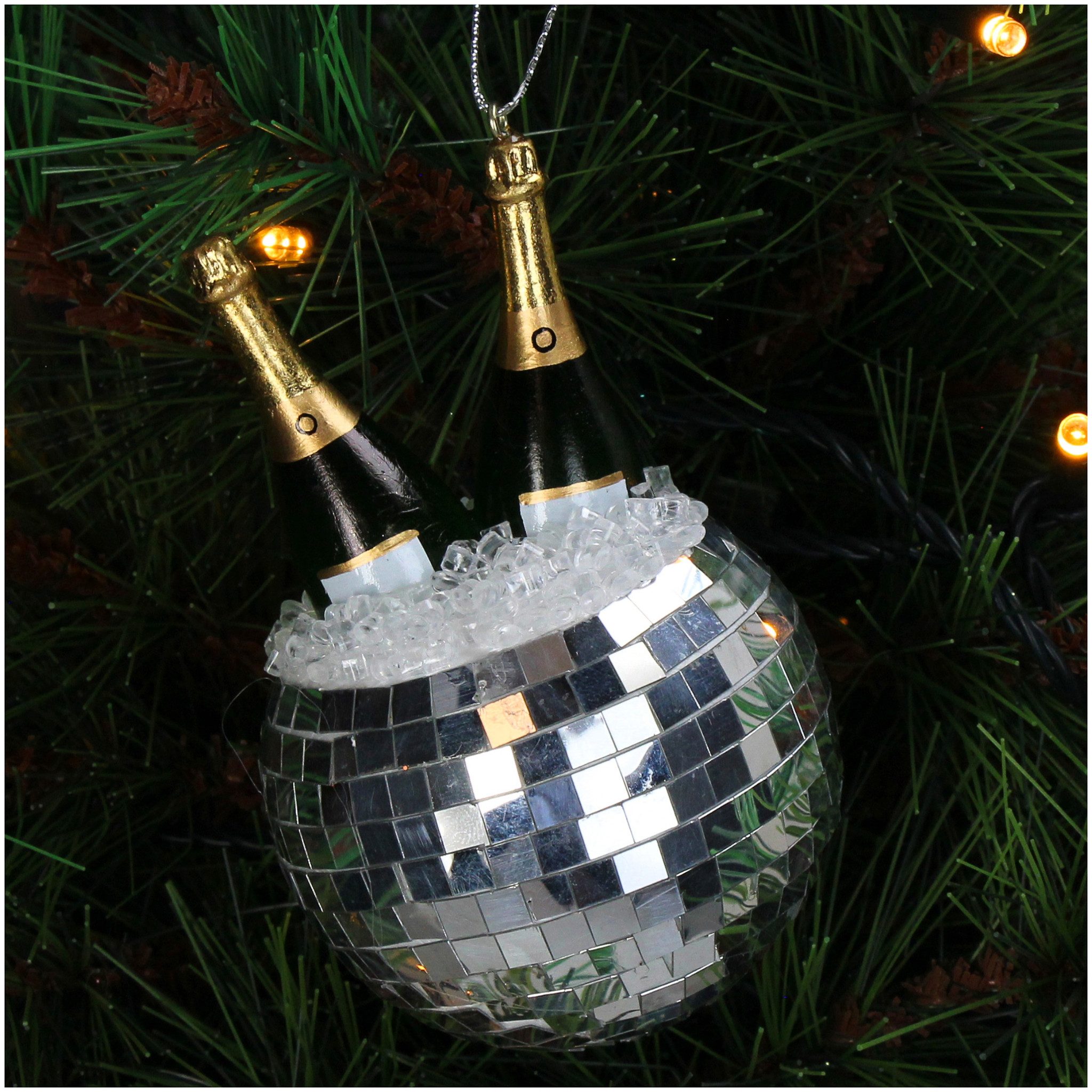 HD Collection Christbaumschmuck, Christbaumschmuck Glas 11cm Discokugel Sektflaschen Figur Silber