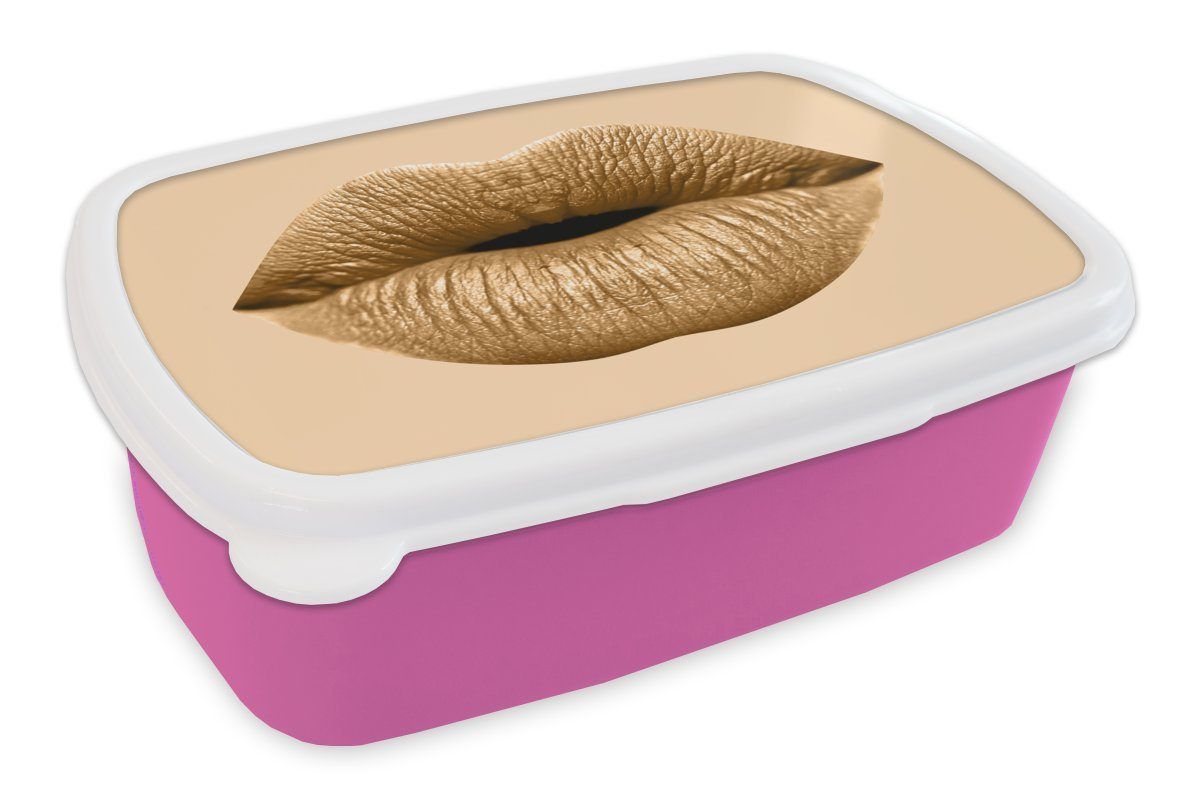 MuchoWow Lunchbox Lippen - Pastell - Braun, Kunststoff, (2-tlg), Brotbox für Erwachsene, Brotdose Kinder, Snackbox, Mädchen, Kunststoff rosa