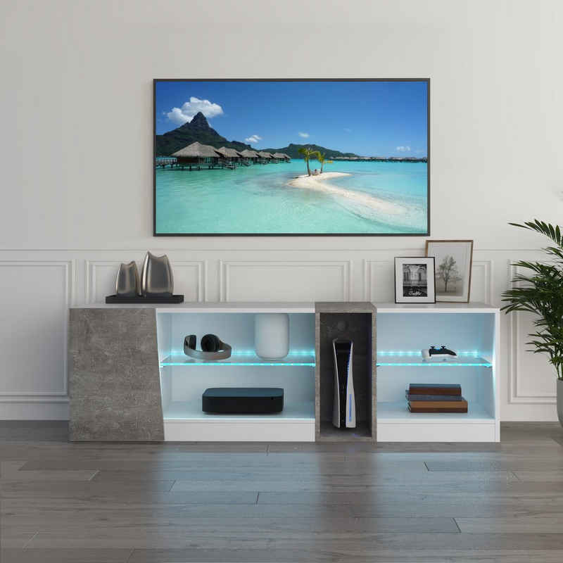 Meerveil Lowboard LED TV-Schrank, Breite 140cm mit 5 offenen Fächern und 1 Tür, Weiß und Grau