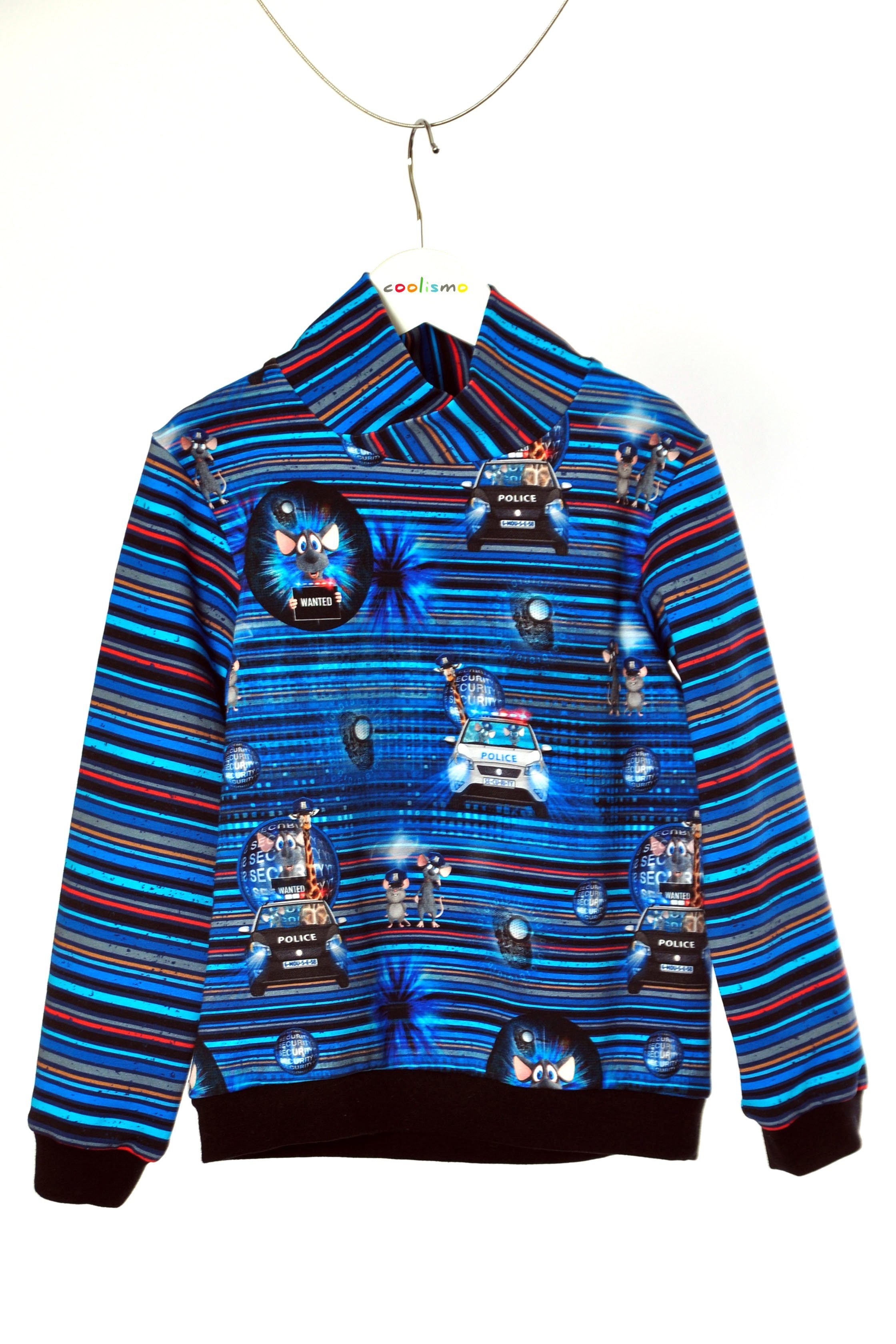 coolismo Sweater Kindersweatshirt gestreift mit Mäusen und Polizeiauto Baumwolle, Made in Europa