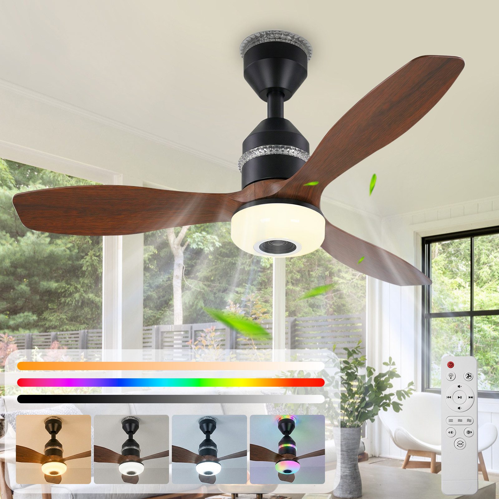 Lapamax Deckenventilator mit Beleuchtung, RGB Ventilator mit Bluetooth-Lautsprecher, 61CM, Leise Umgebungslicht, 3 Geschwindigkeitsstufen, 3-Farbtemperatur