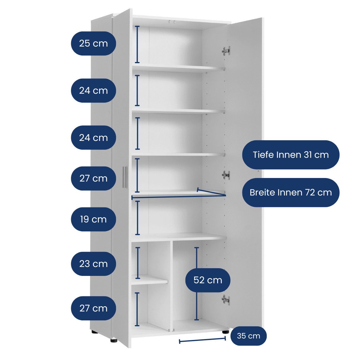 Home Collective Mehrzweckschrank 75 cm breit mit Einlegeböden 75x35x184 cm (BxTxH) Weiß mit 2 Türen & 6 Einlegeböden – Bild 3 von 5