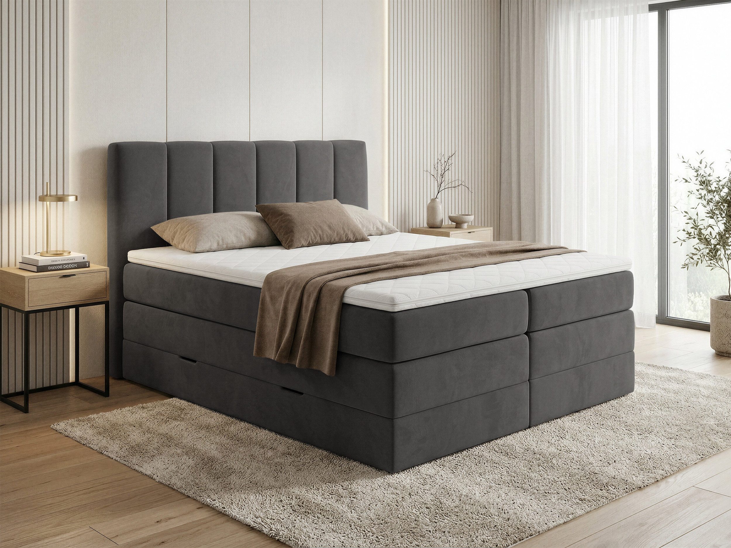 Sofnet Boxspringbett Star XL (2x Bettkästen, Bonellfederkern- und Taschenfederkernmatratze, Topper), Polsterbett, Doppelbett, Velours, mit Kopfteil, 140/160/180x200 cm