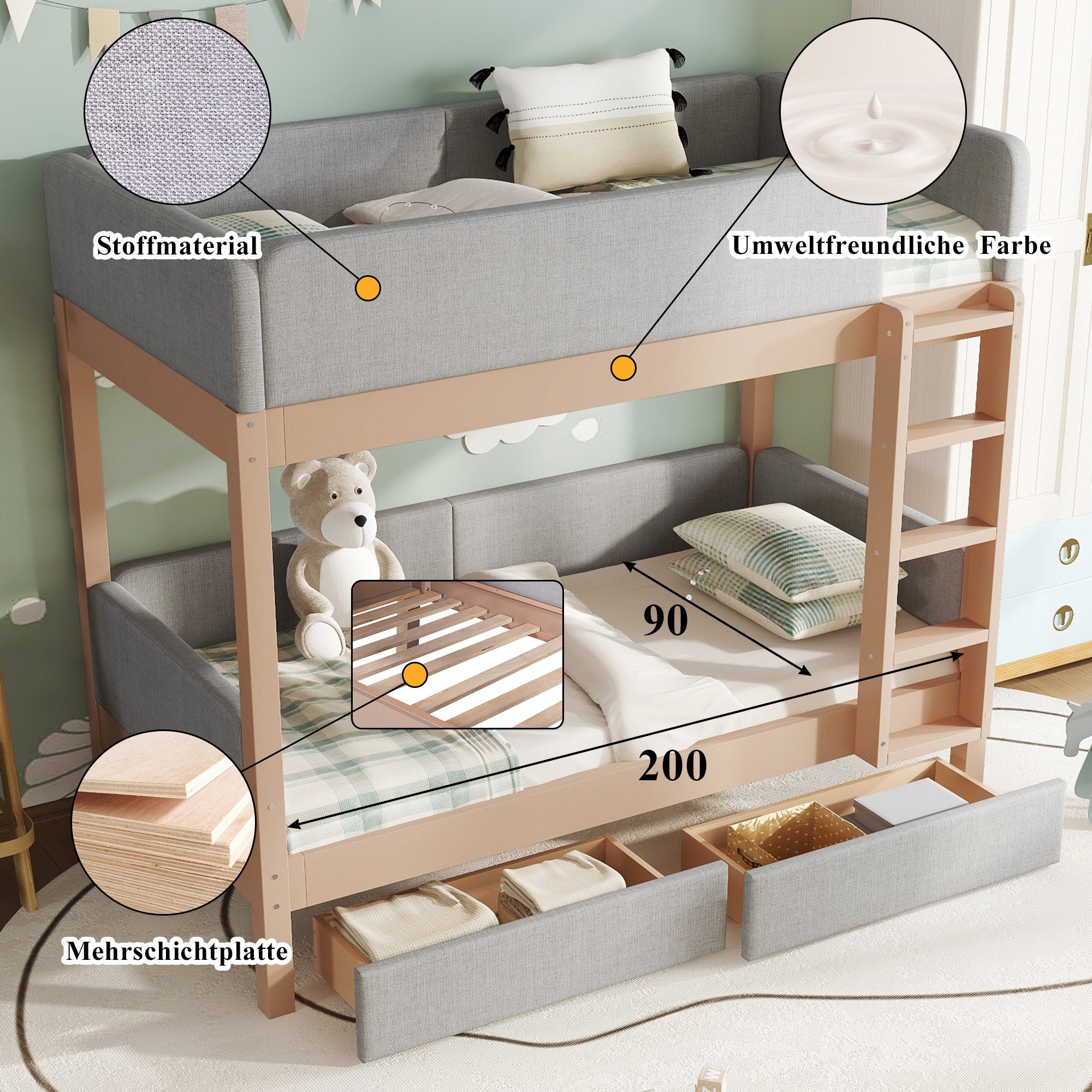 Flieks bunk bed, children's bed 90x200cm with anti-collision sponge edge and 2 drawers